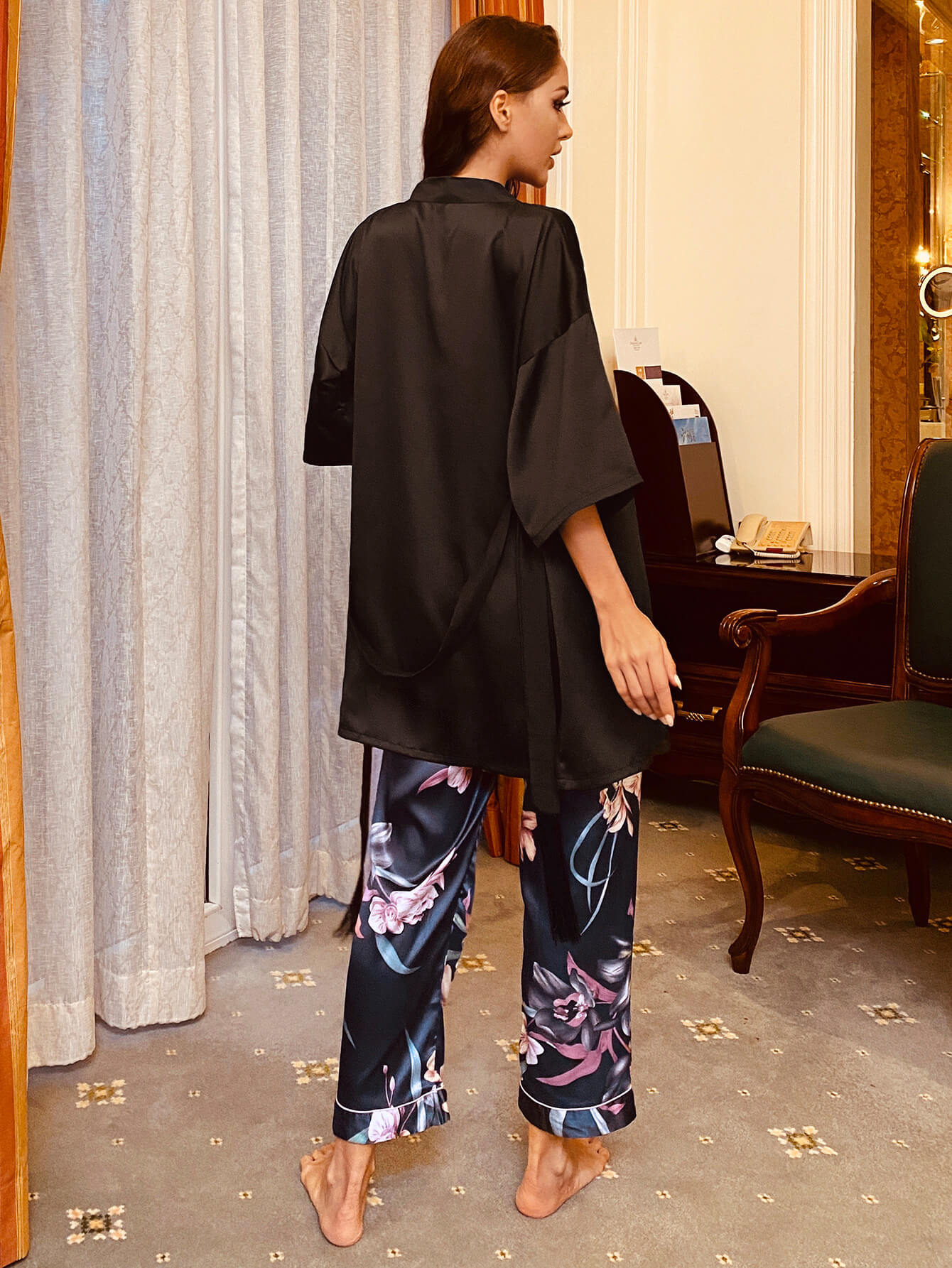 cami, robe, and printed pants pajama set