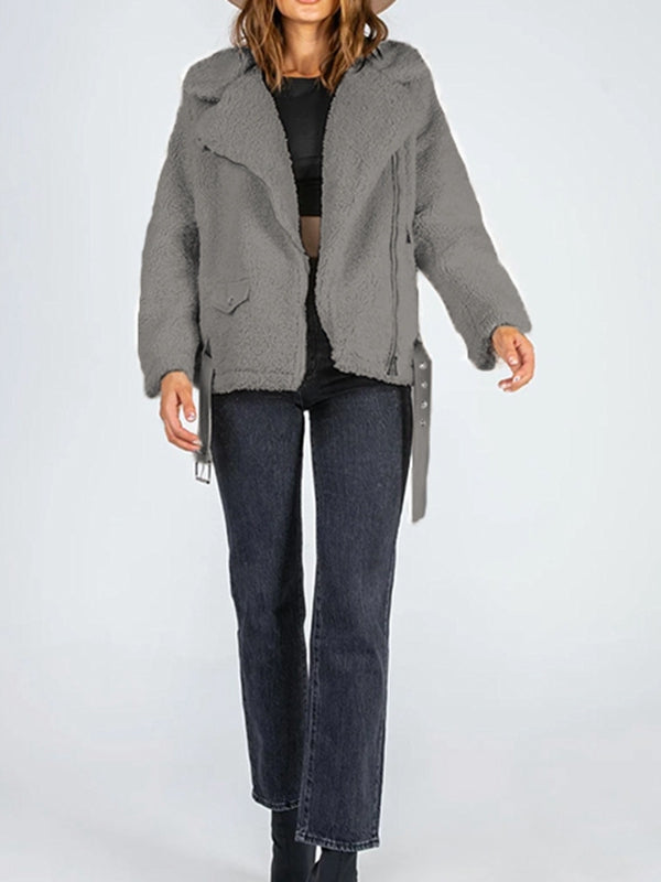 zip-up belted sherpa jacket