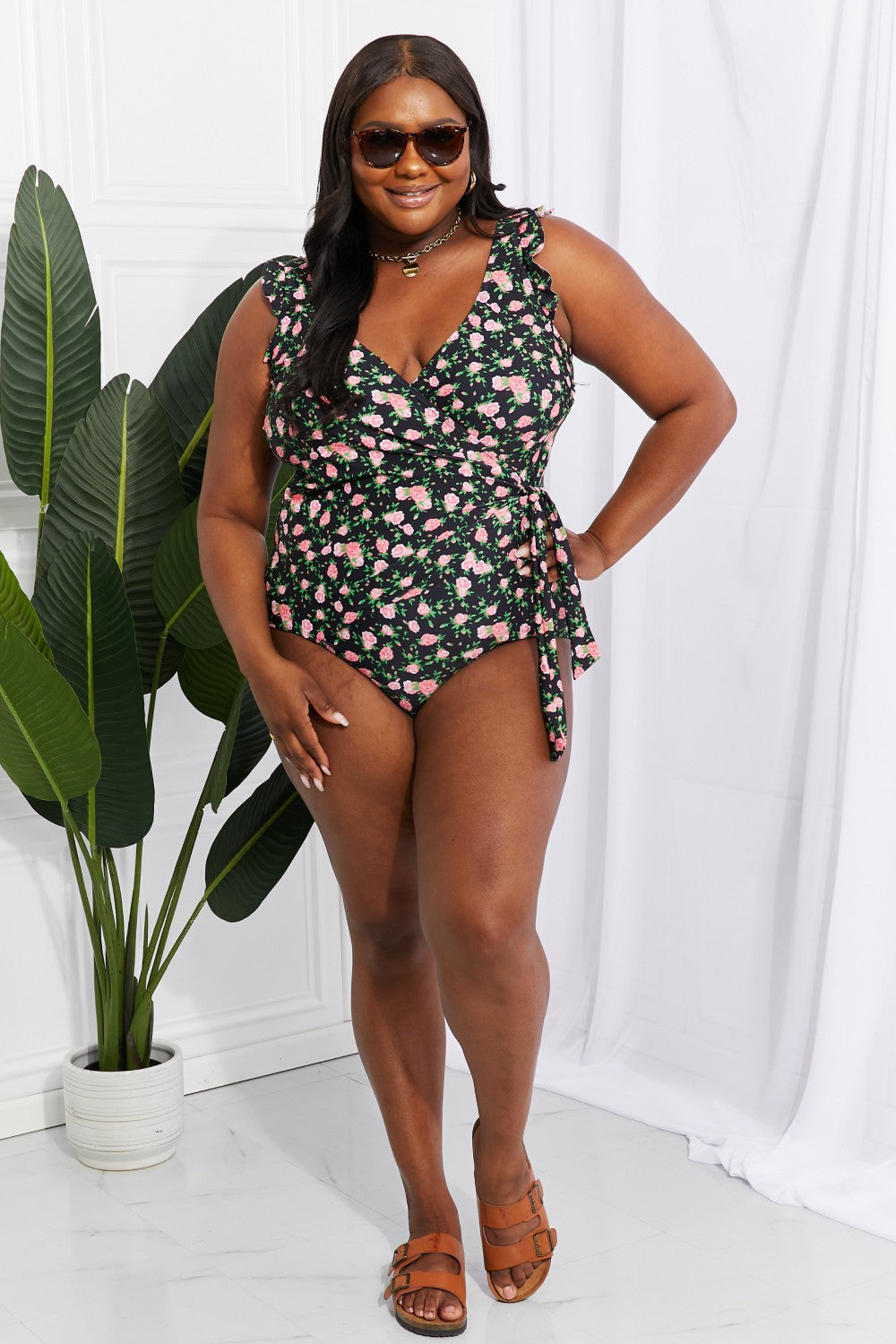 marina west swim full size float on ruffle faux wrap one-piece in floral