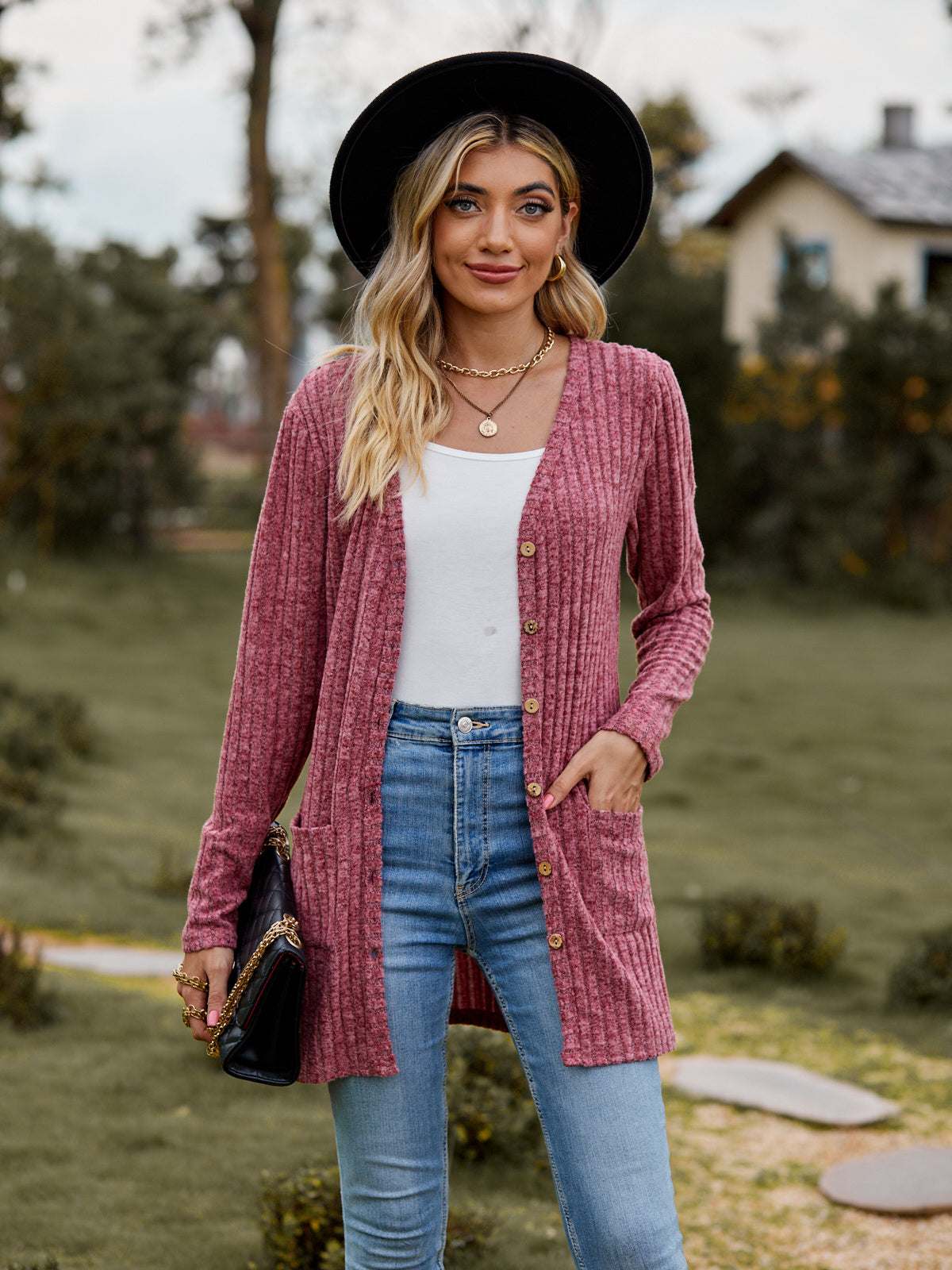 ribbed button-up cardigan with pockets