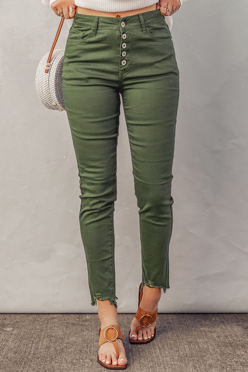 baeful button fly hem detail skinny jeans