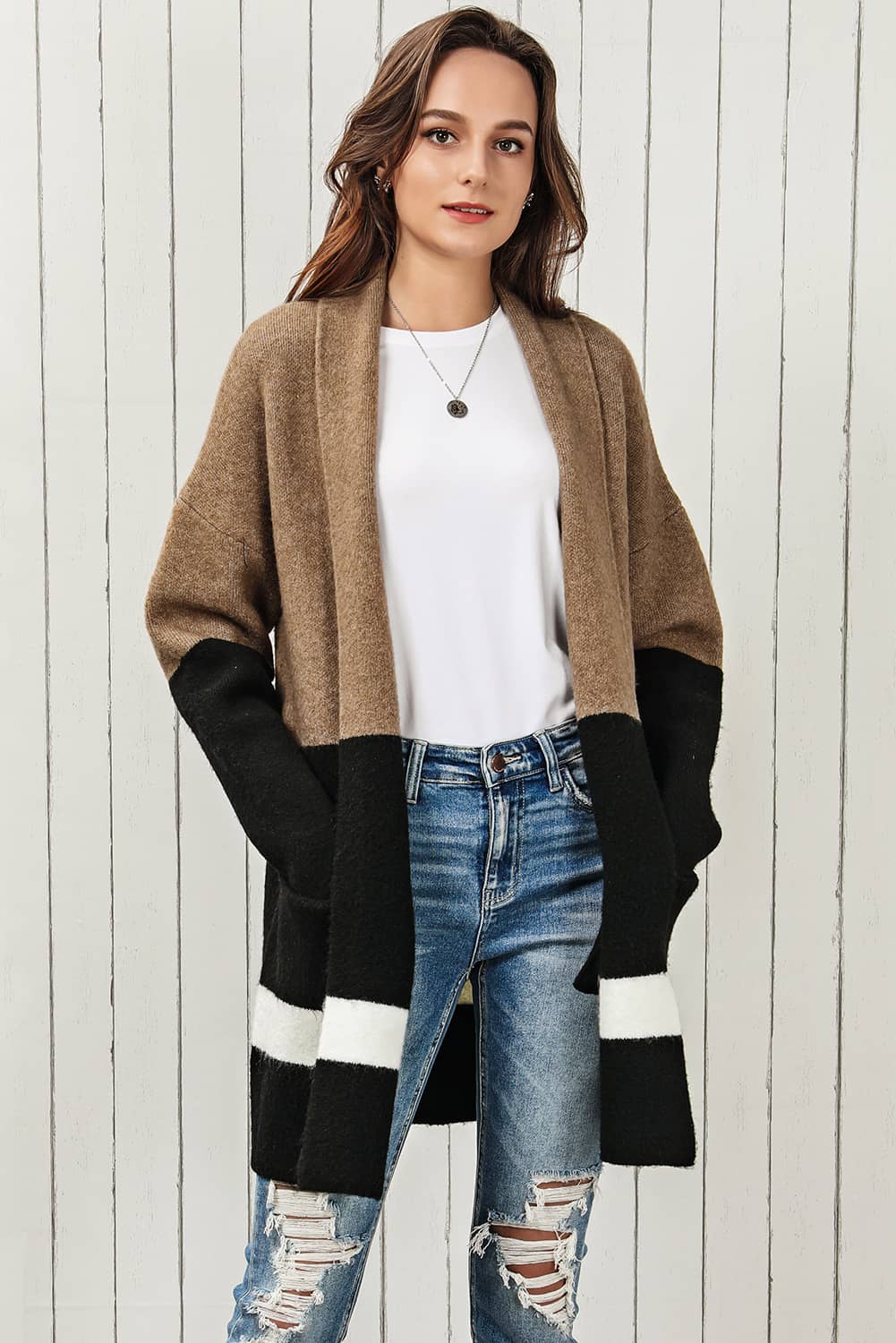 color block dropped shoulder longline cardigan