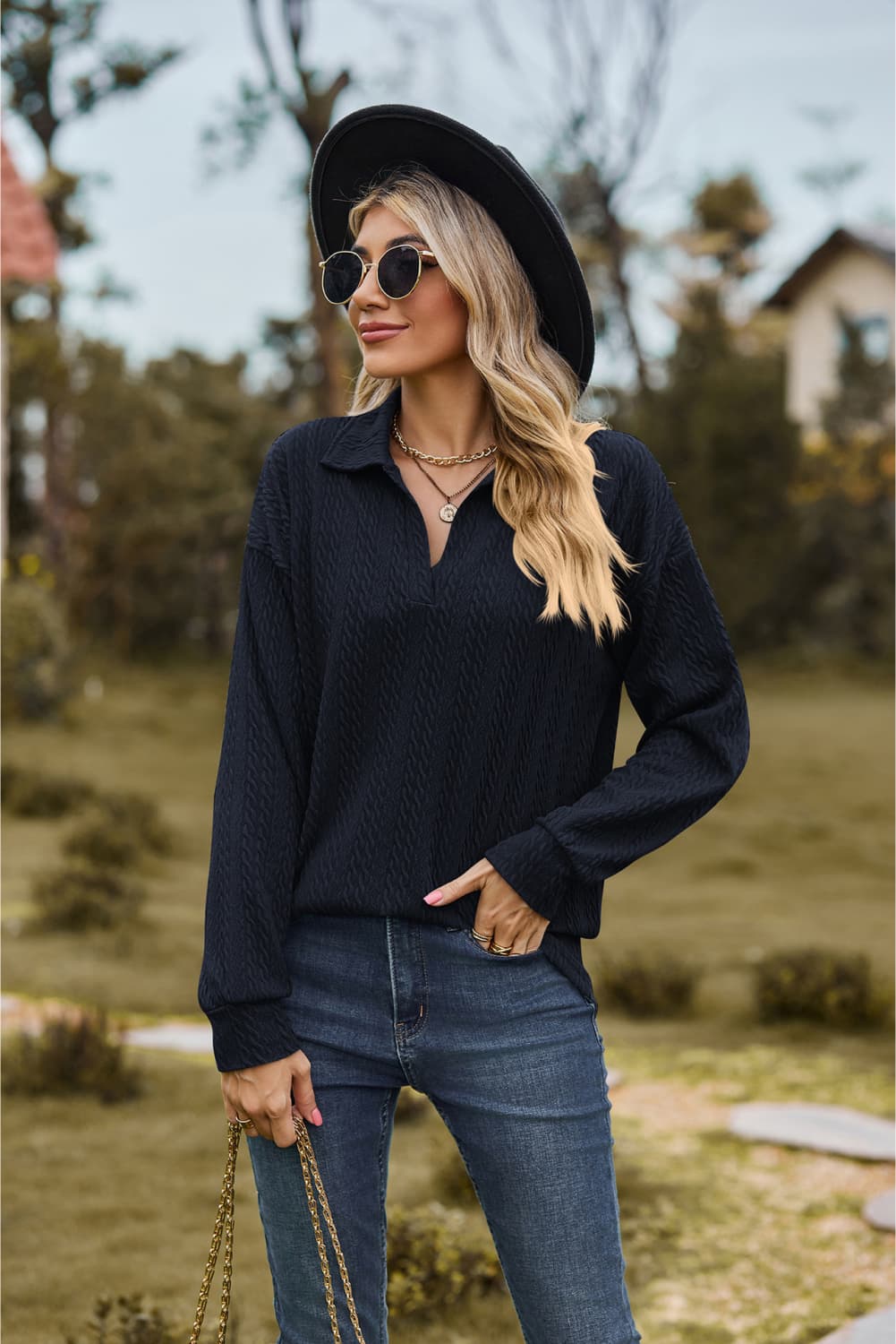 collared neck cable-knit long sleeve blouse