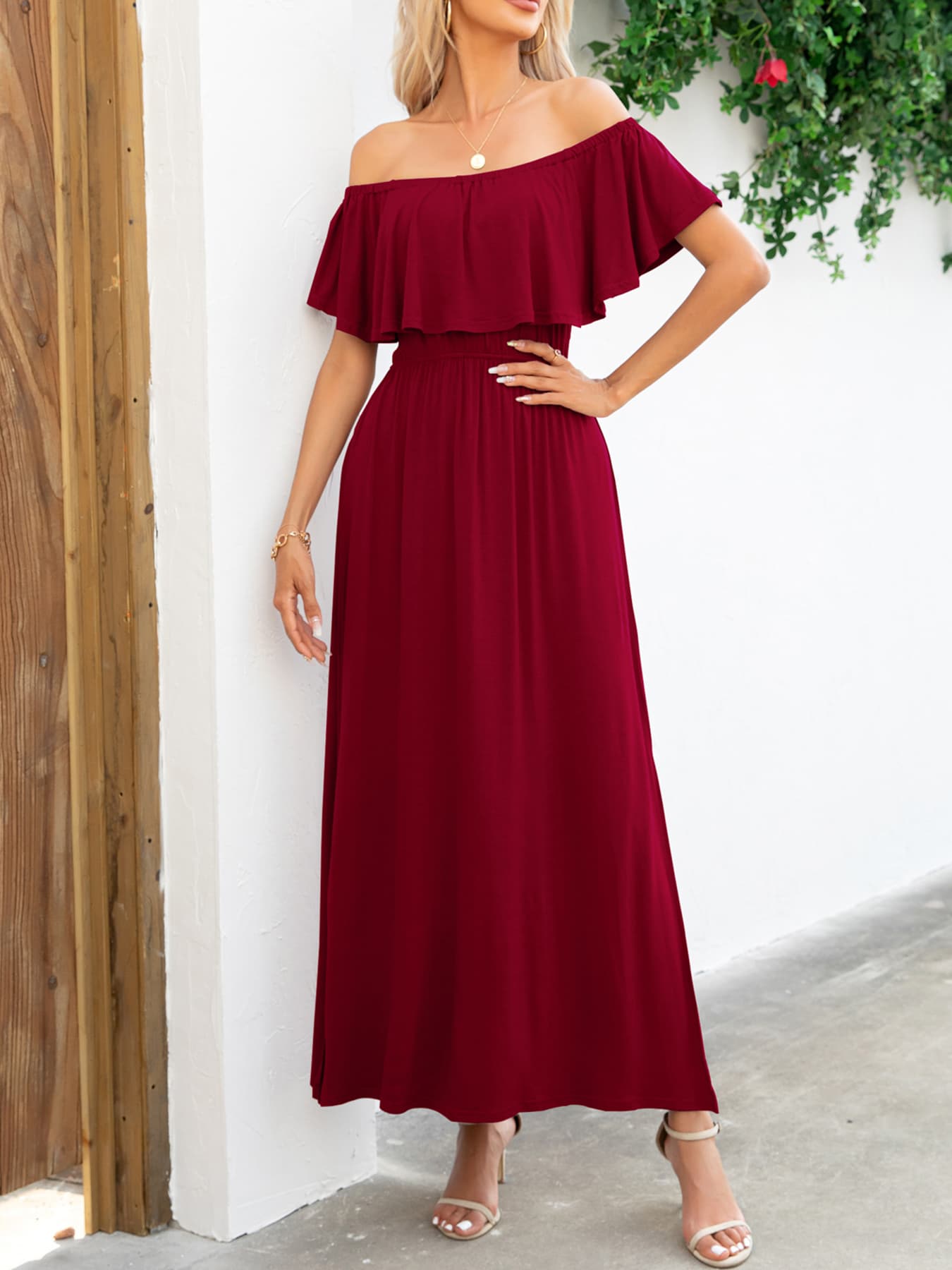 off-shoulder slit maxi dress