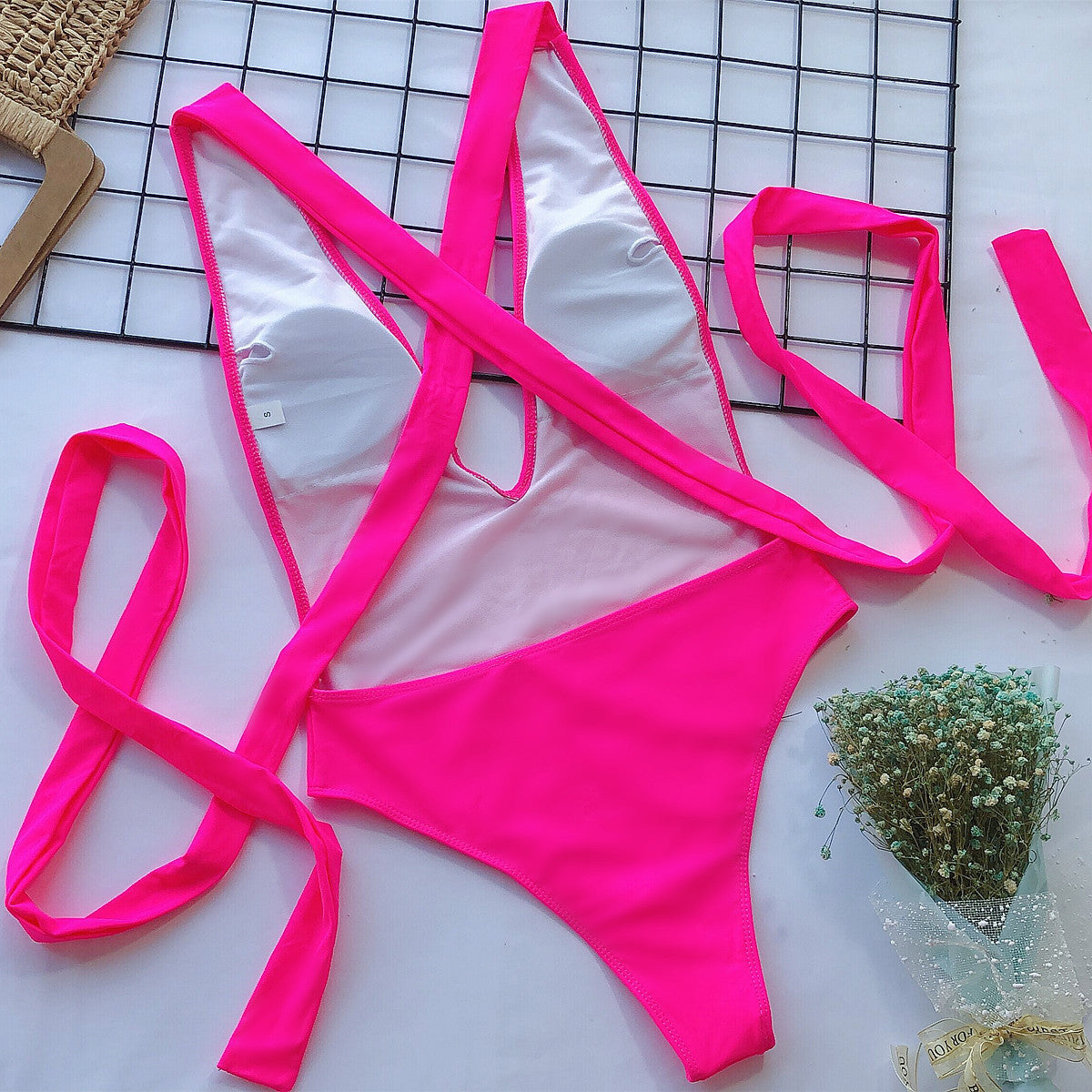 halter neck deep v tied one-piece swimsuit
