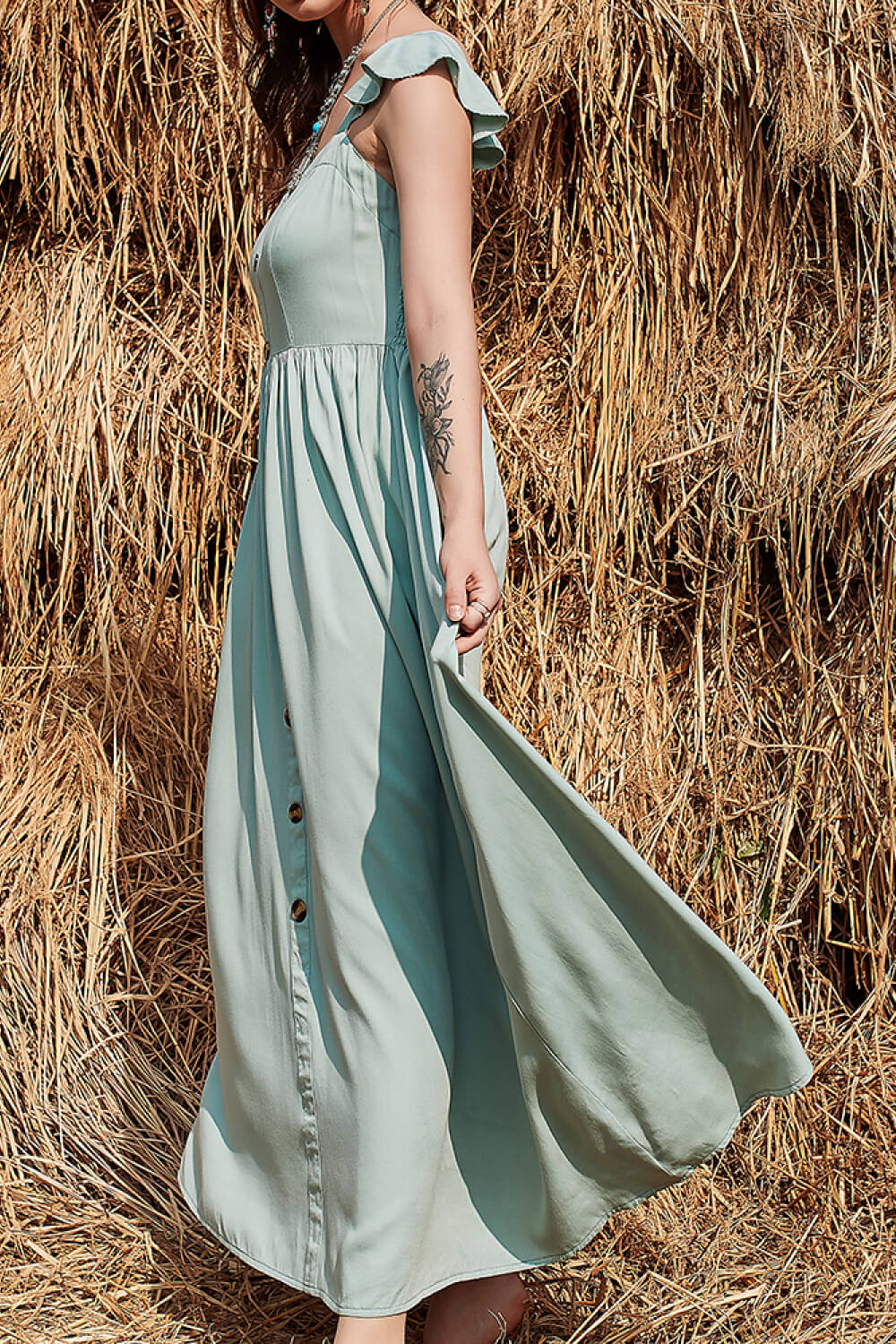 decorative button ruffle trim smocked maxi dress