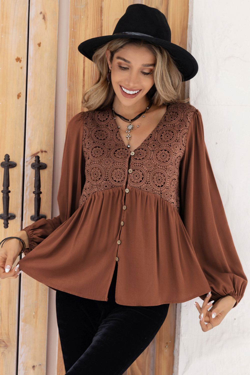 printed v-neck long sleeve blouse