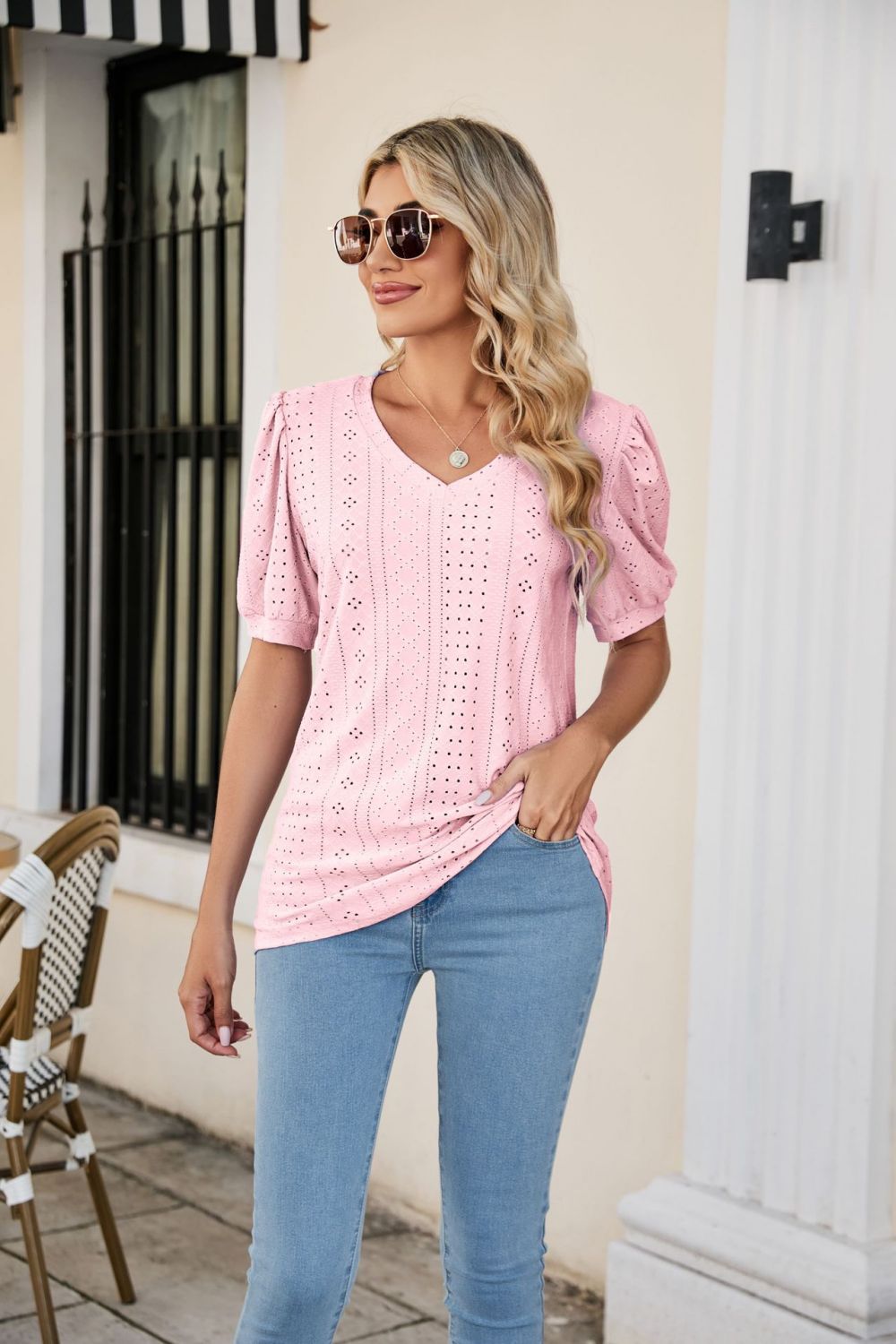 eyelet puff sleeve v-neck top