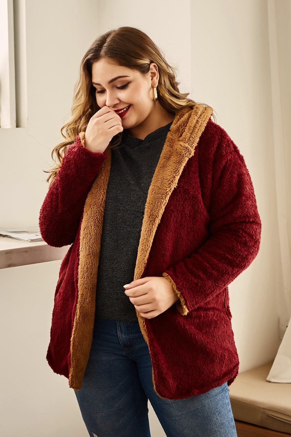 hanny plus size hooded longline teddy jacket