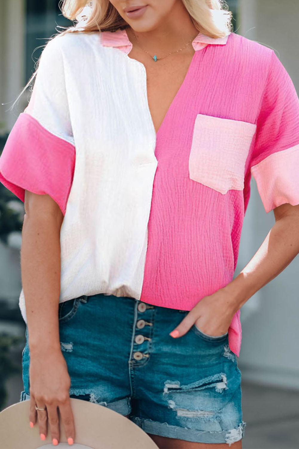 color block textured johnny collar blouse