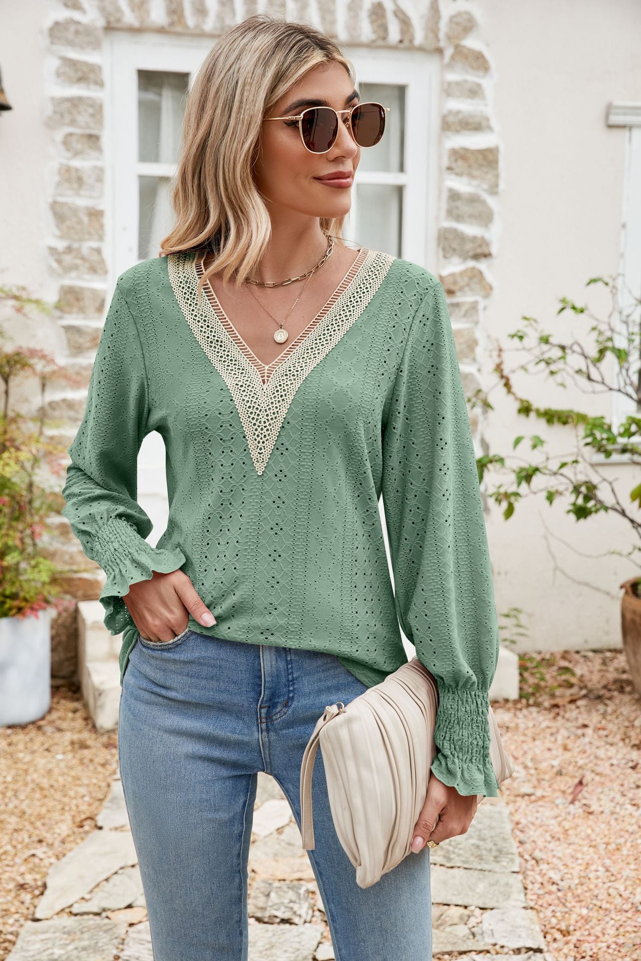 eyelet v-neck smocked flounce sleeve blouse