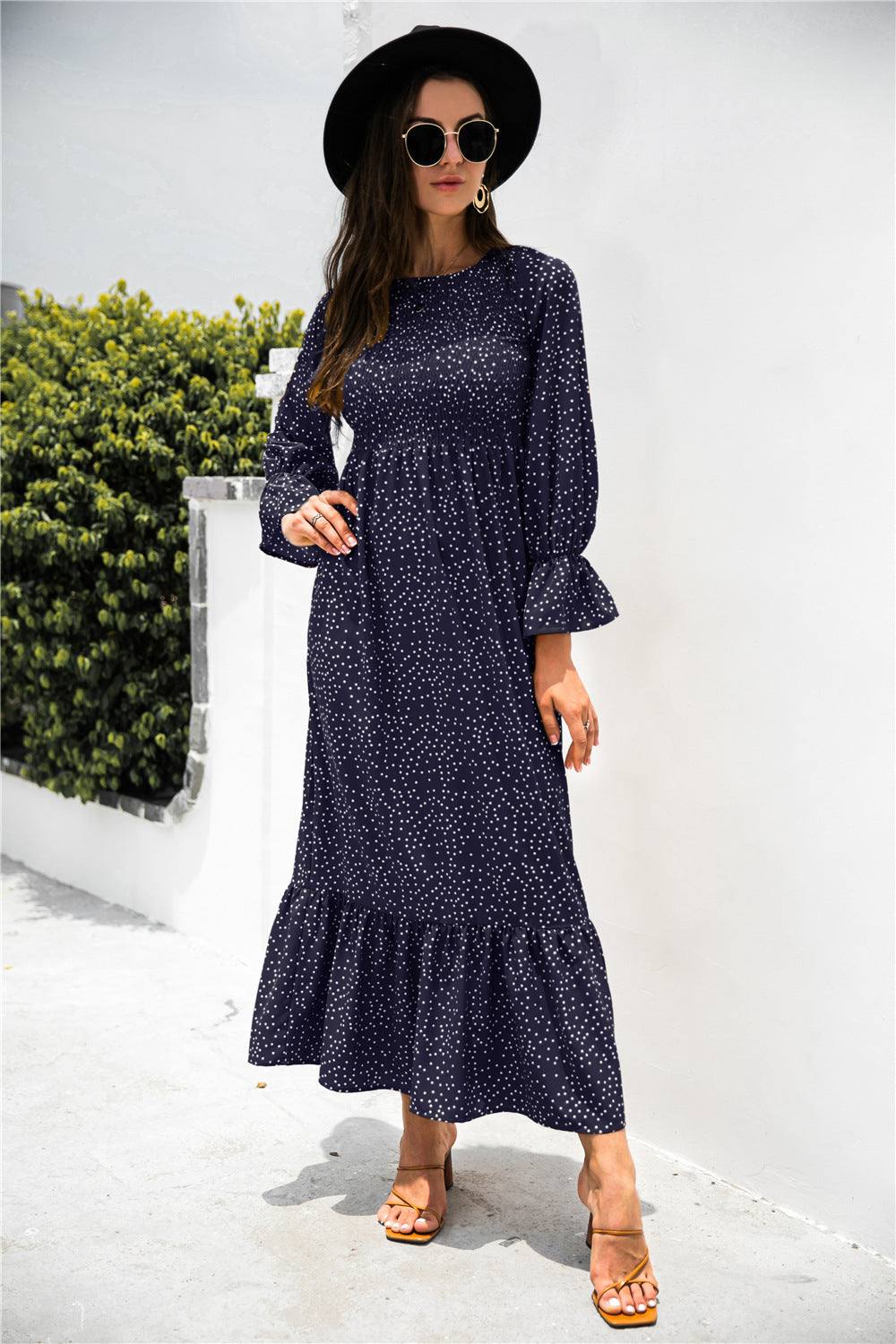 printed puff sleeve ruffle maxi dress