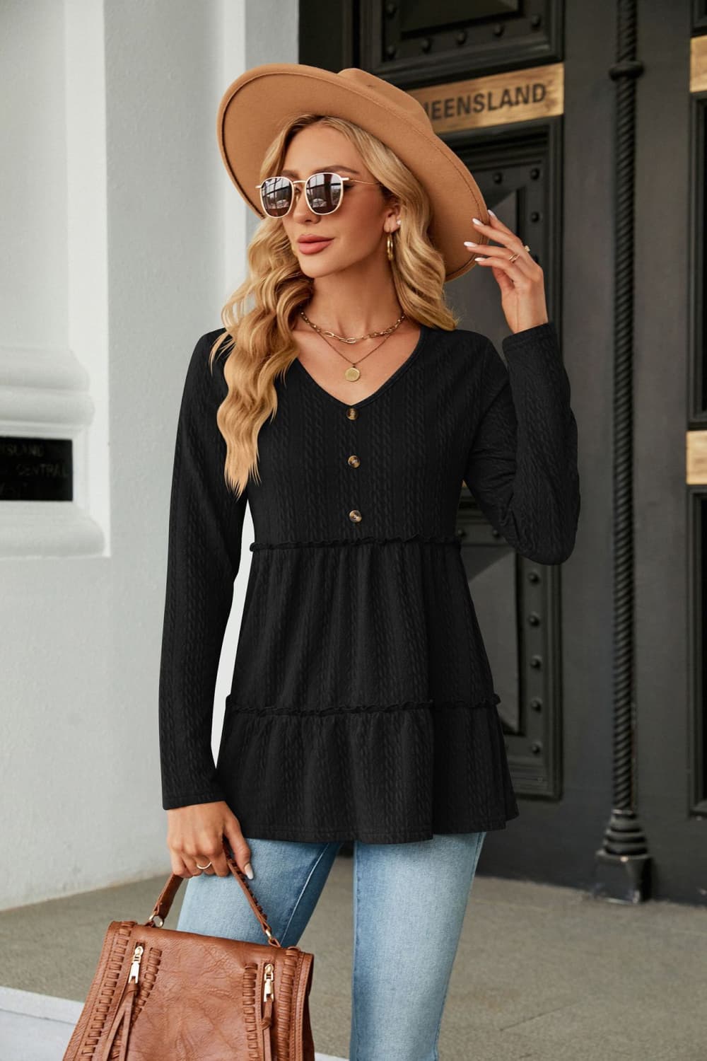 long sleeve v-neck cable-knit blouse