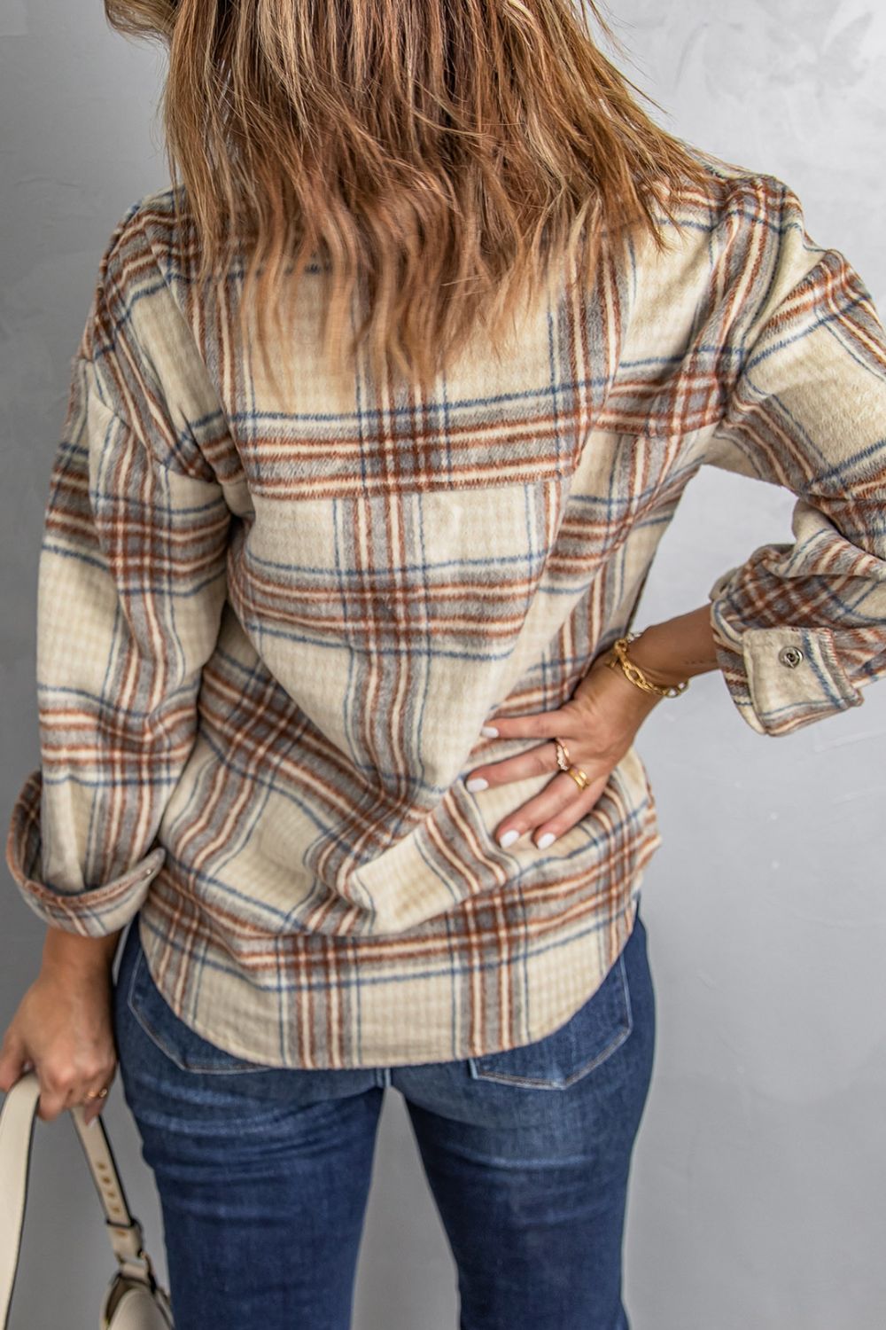 double take plaid half-zip collared curved hem sweatshirt