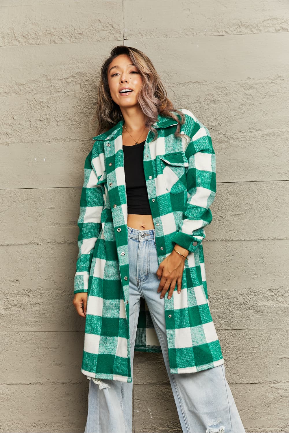 plaid longline shirt jacket