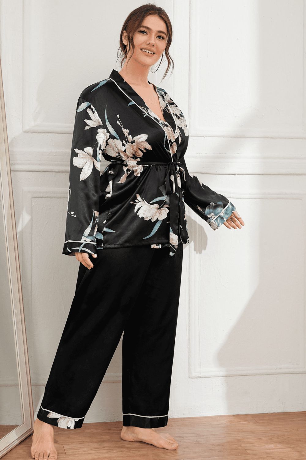 plus size floral belted robe and pants pajama set