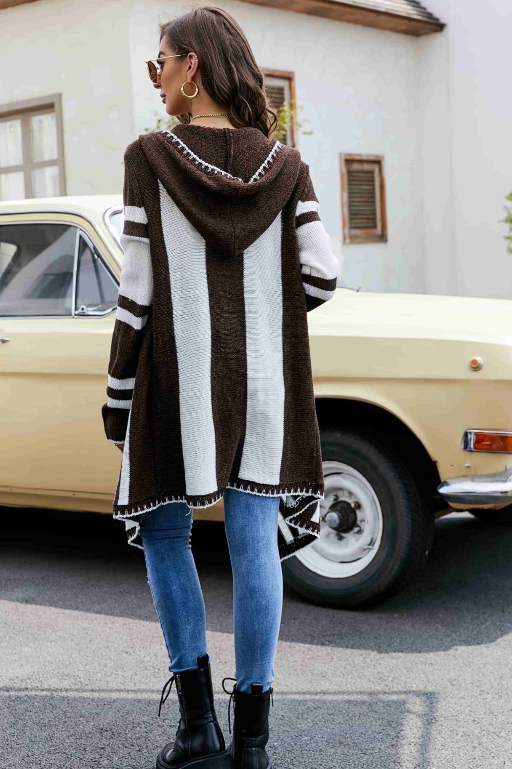 woven right striped open front hooded cardigan