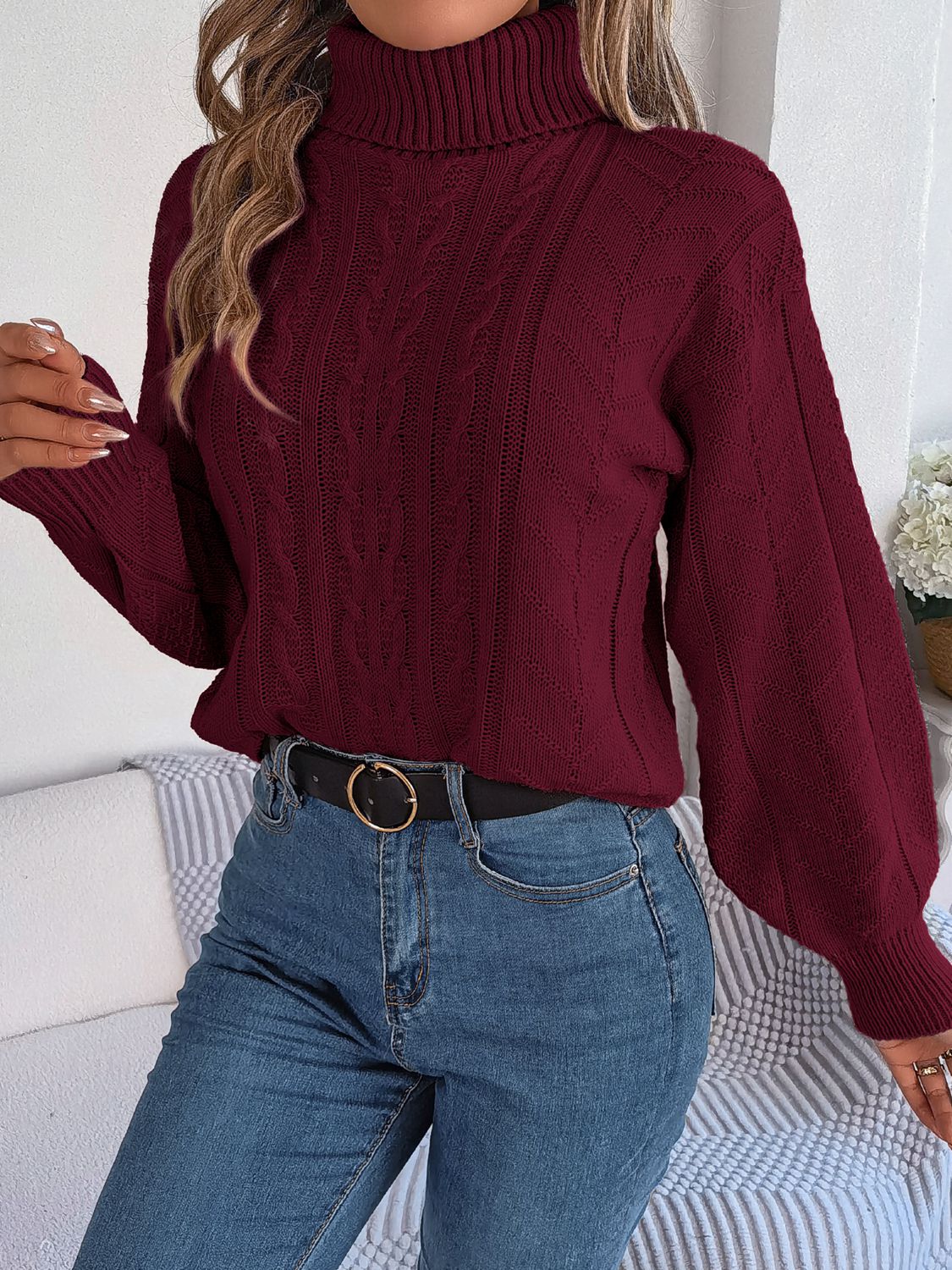 cable-knit turtleneck sweater