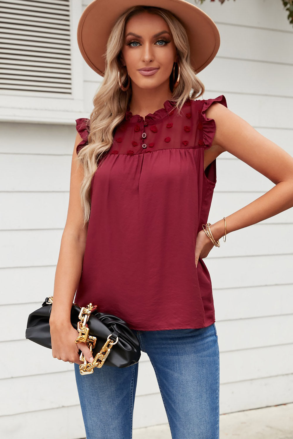 swiss dot buttoned ruffle trim tank