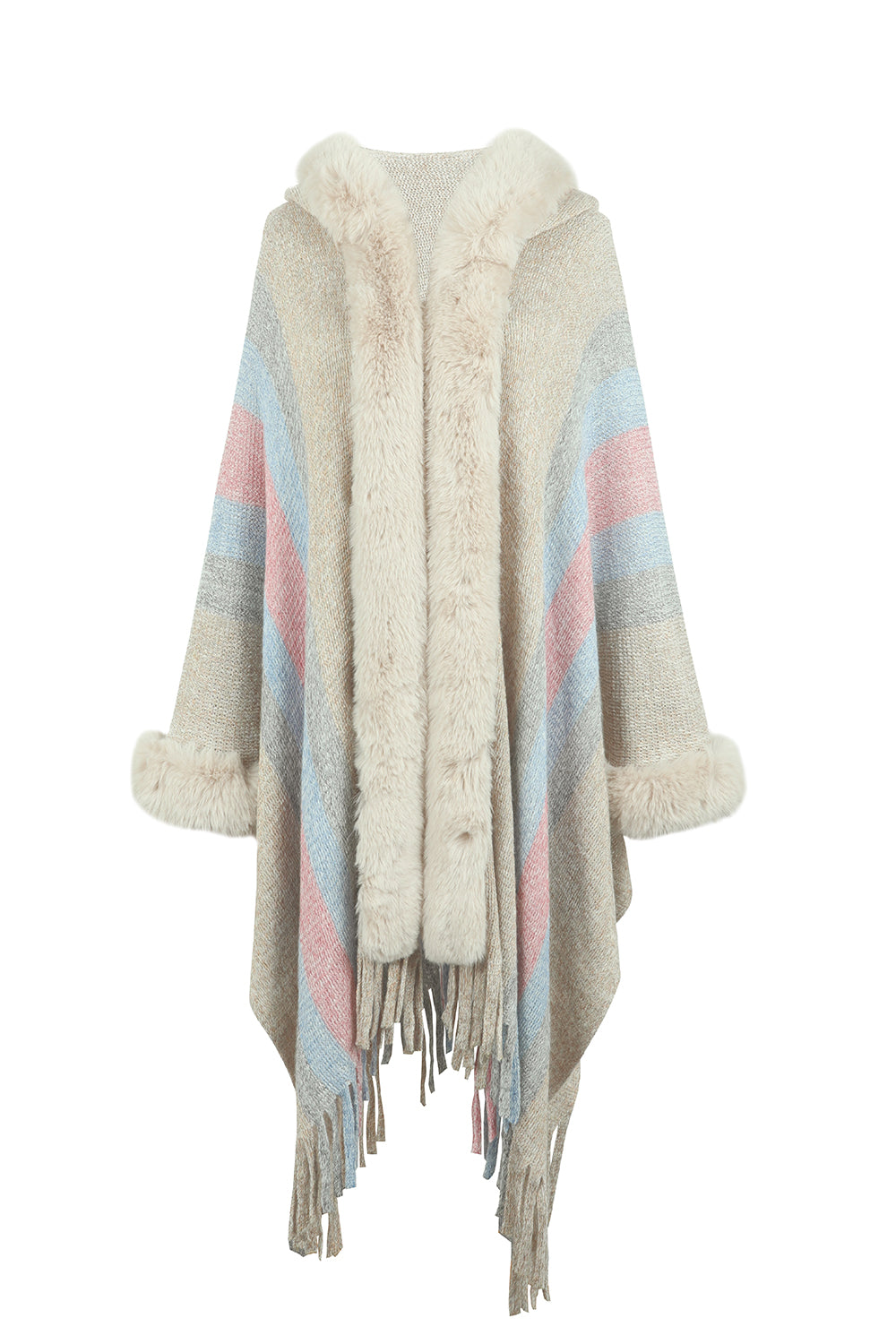 color block fringe detail poncho