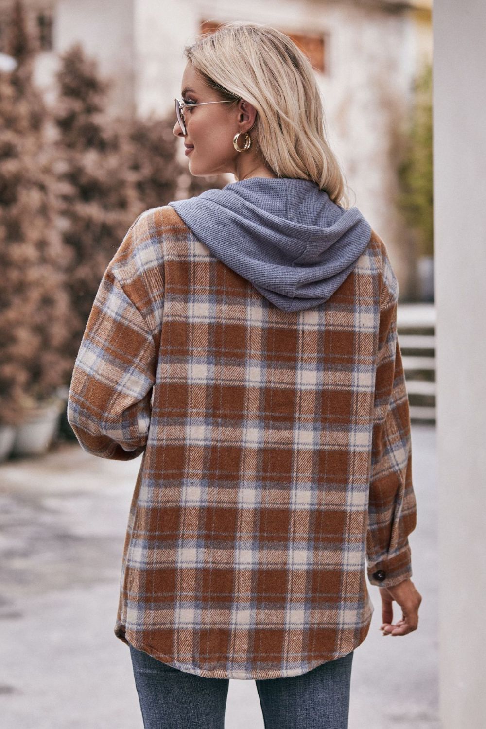 plaid dropped shoulder hooded longline jacket