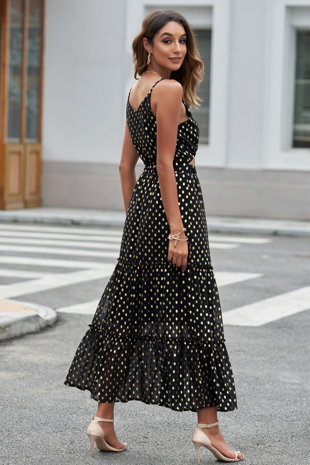 polka dot cutout spaghetti strap tiered maxi dress