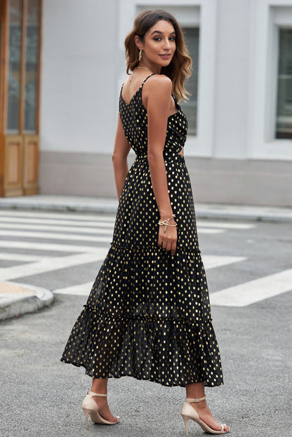 Polka Dot Cutout Spaghetti Strap Tiered Maxi Dress