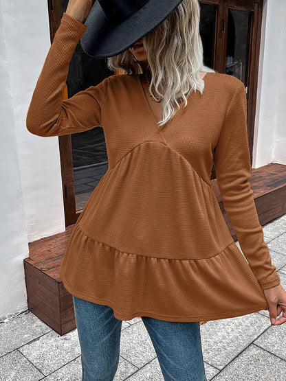 Waffle-Knit V-Neck Long Sleeve Blouse