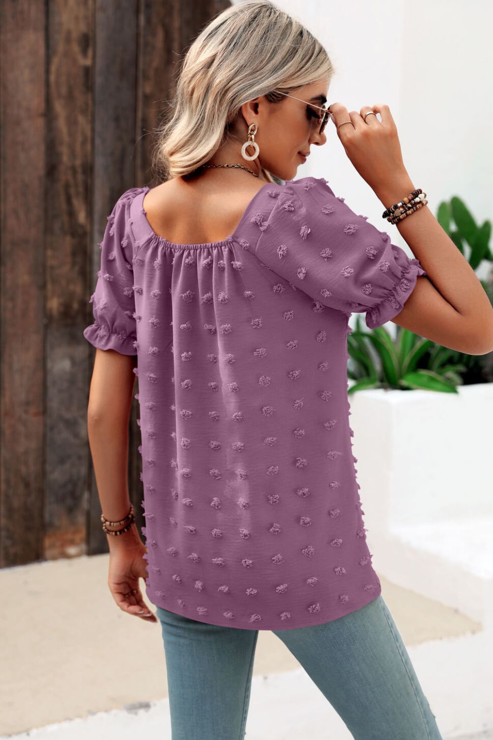 swiss dot puff sleeve square neck blouse