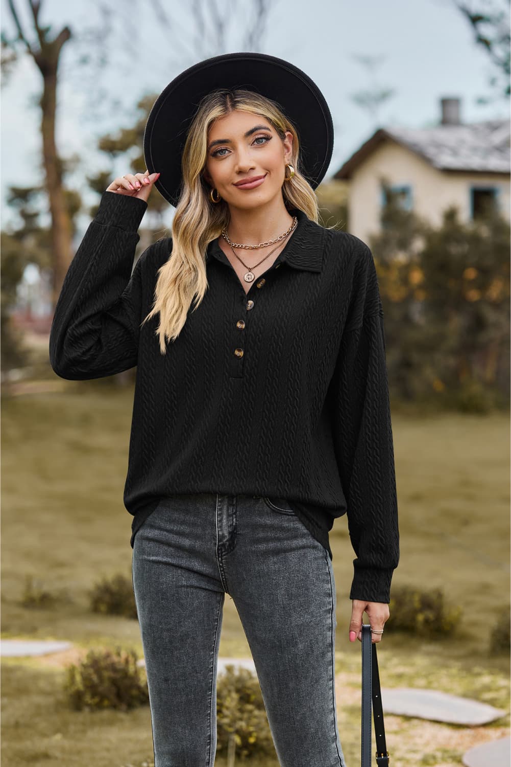 collared neck long sleeve blouse