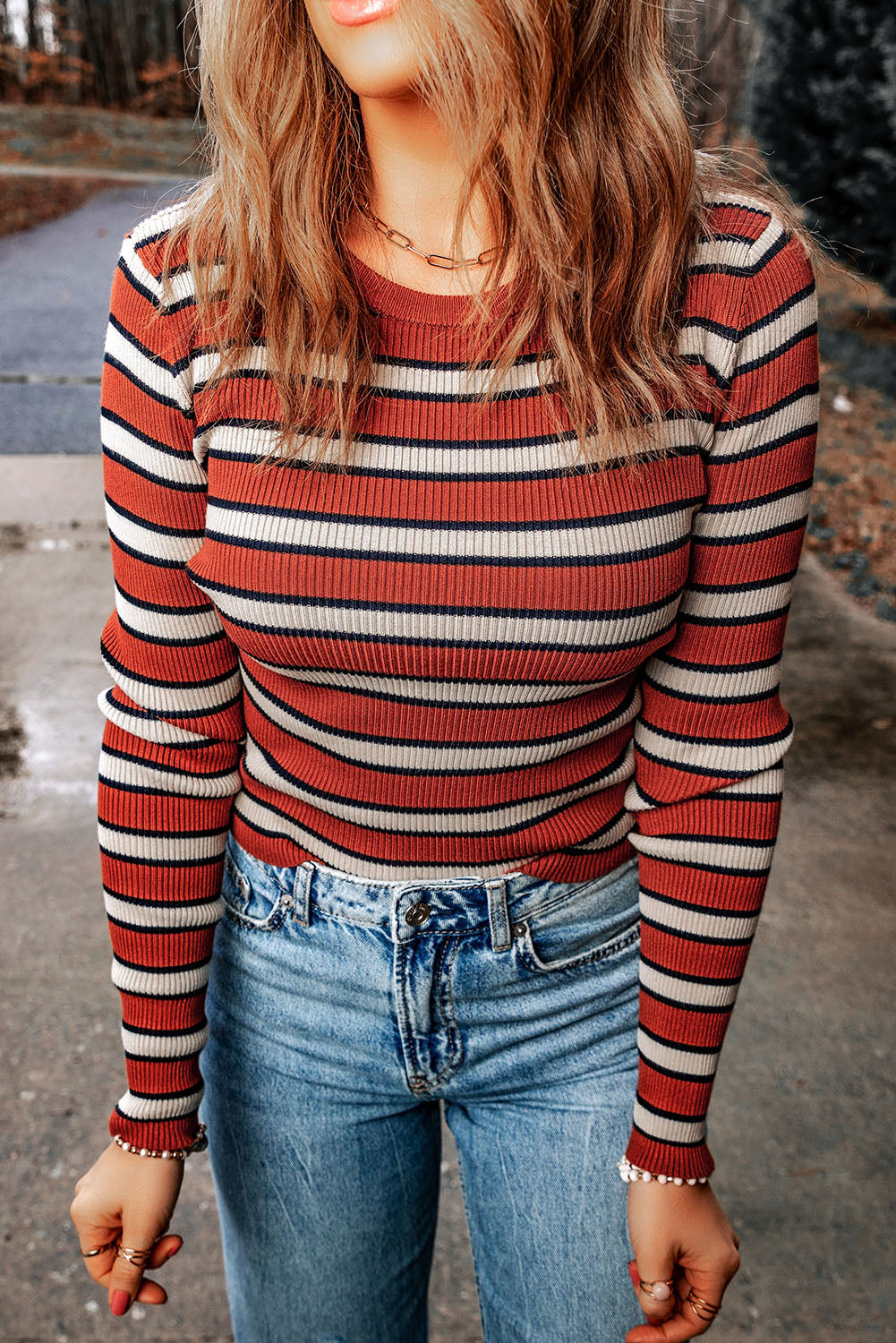 double take striped round neck long sleeve top
