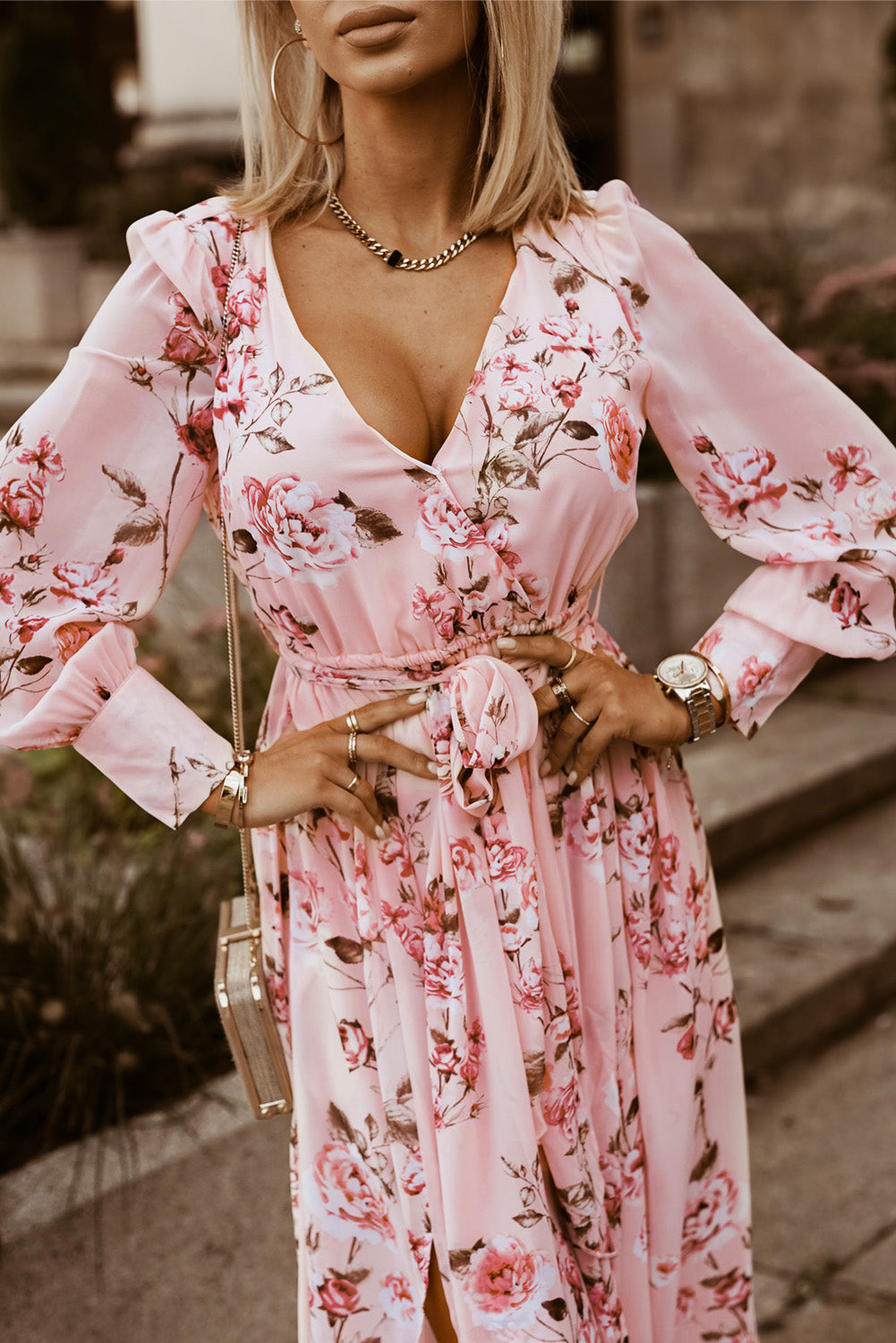 floral tie belt bishop sleeve slit maxi dress