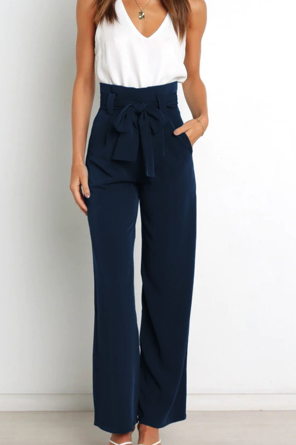 tie front paperbag wide leg pants