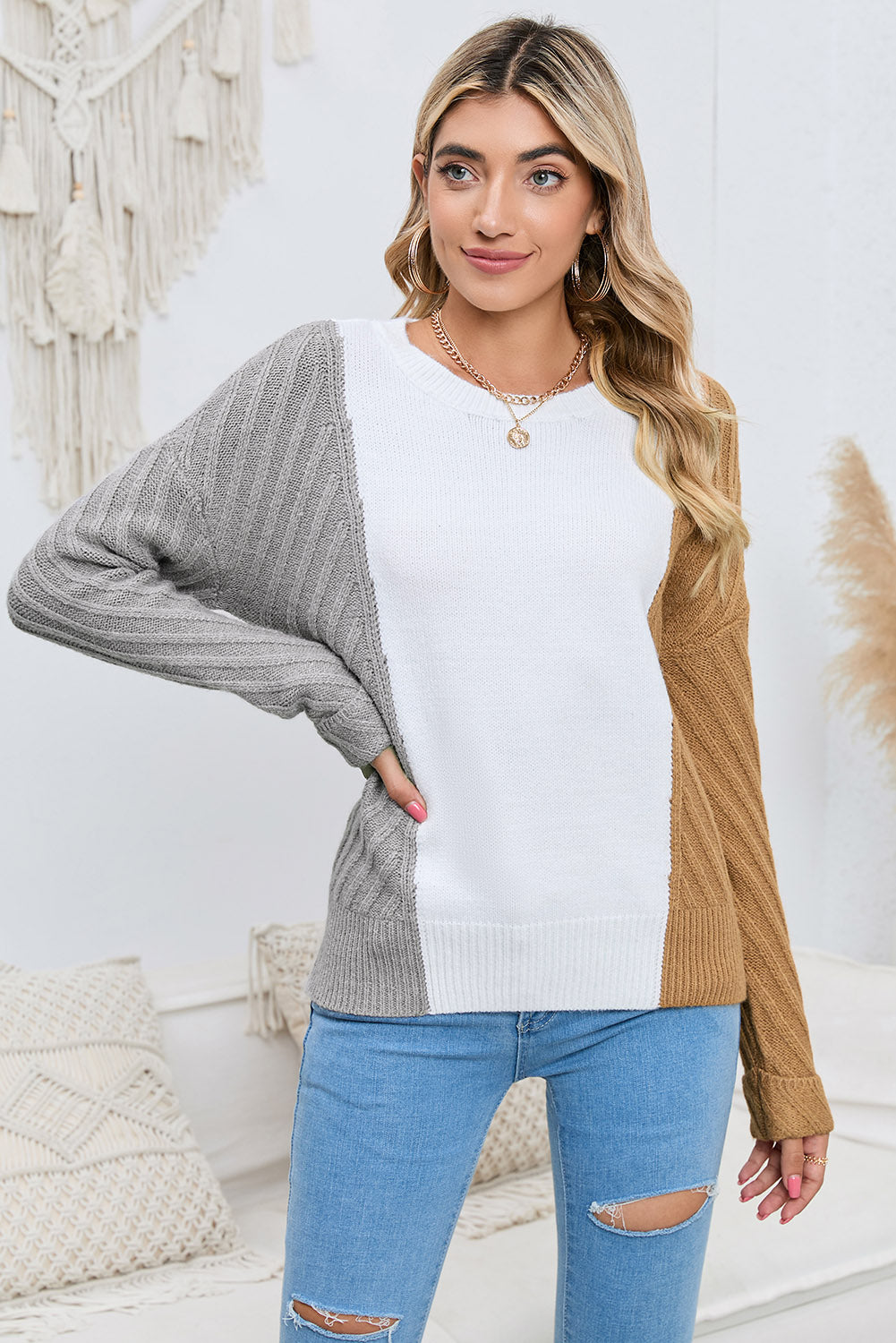 contrast color dropped shoulder sweater