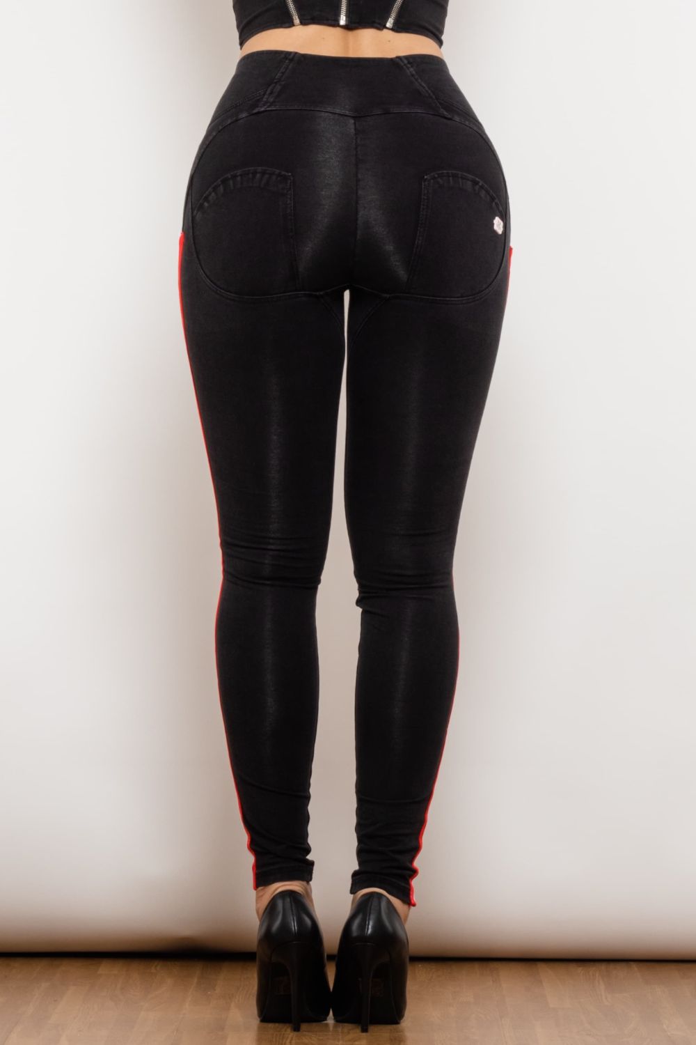 side stripe zip closure high waist jeans