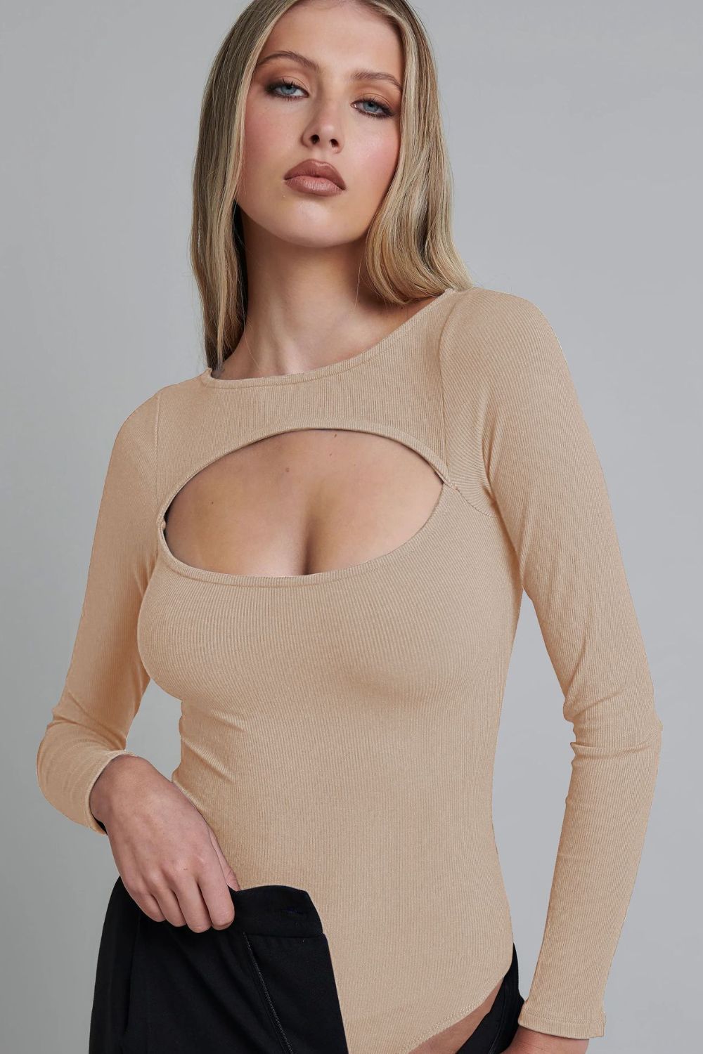 cutout ribbed long sleeve bodysuit