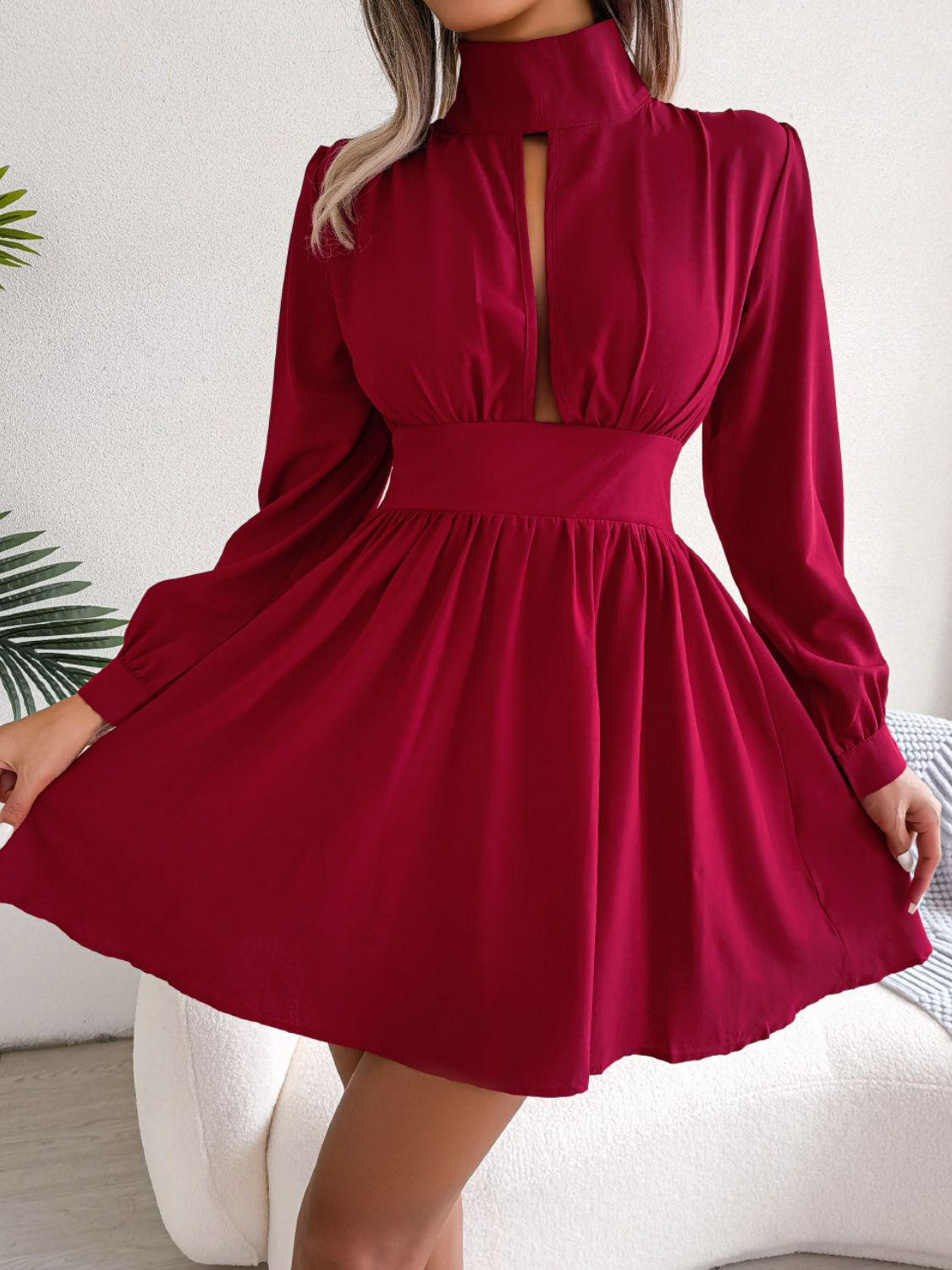 cutout turtleneck a-line mini dress