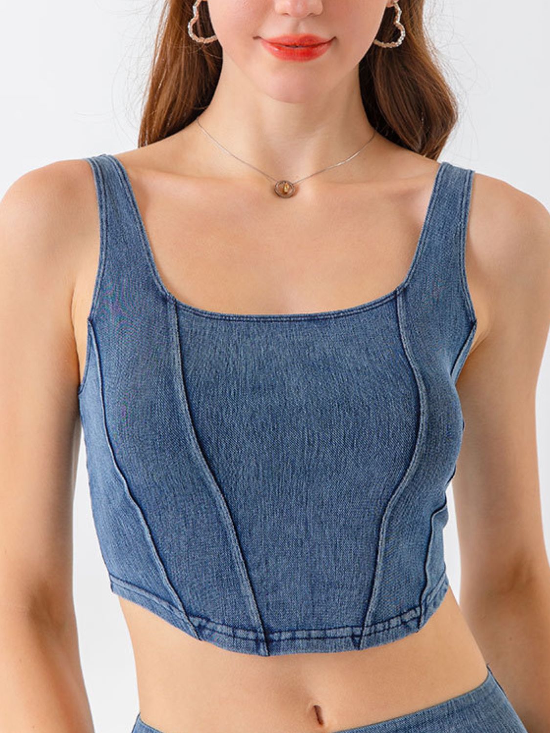 seam detail cropped denim tank