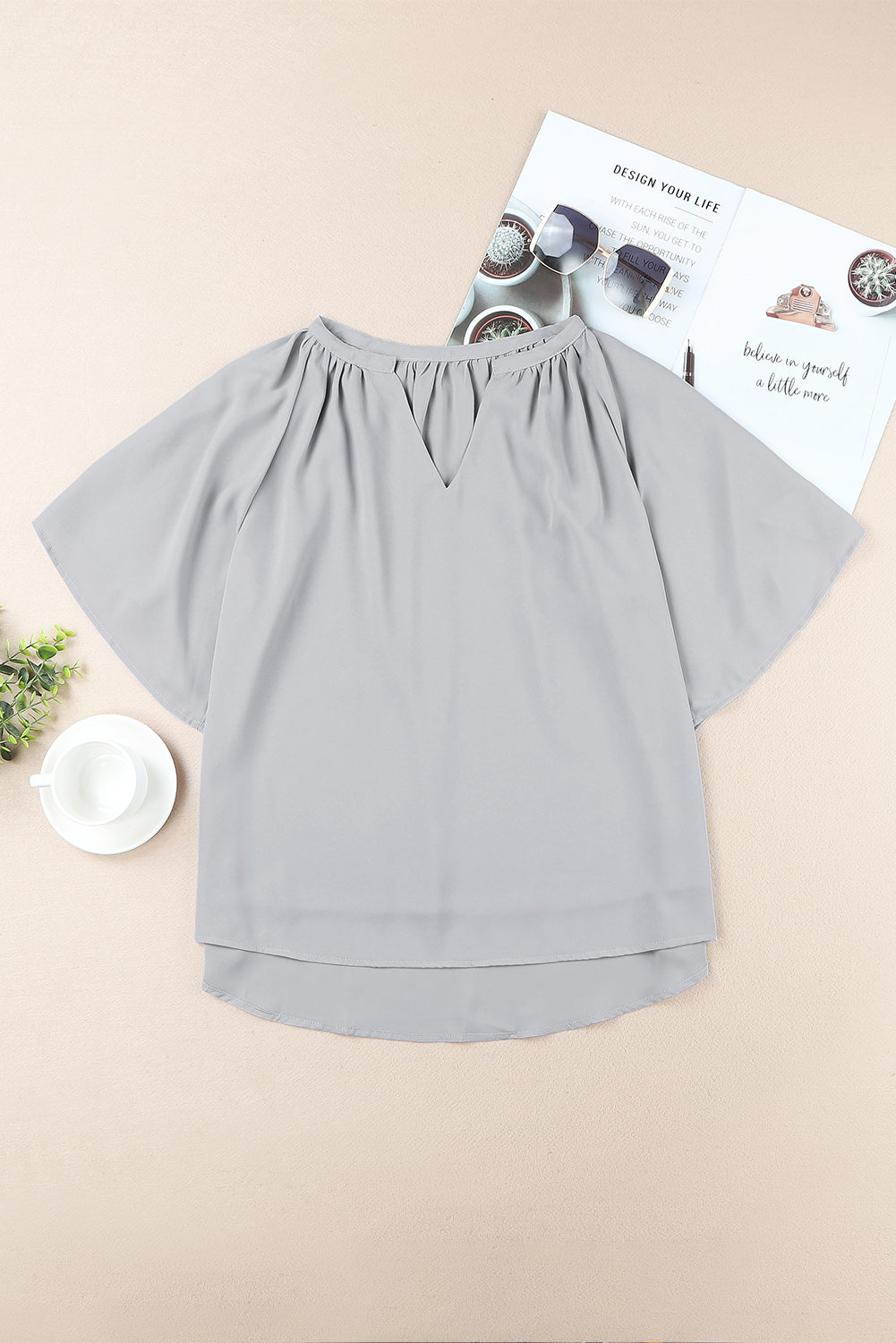 gathered detail notched neck flutter sleeve top