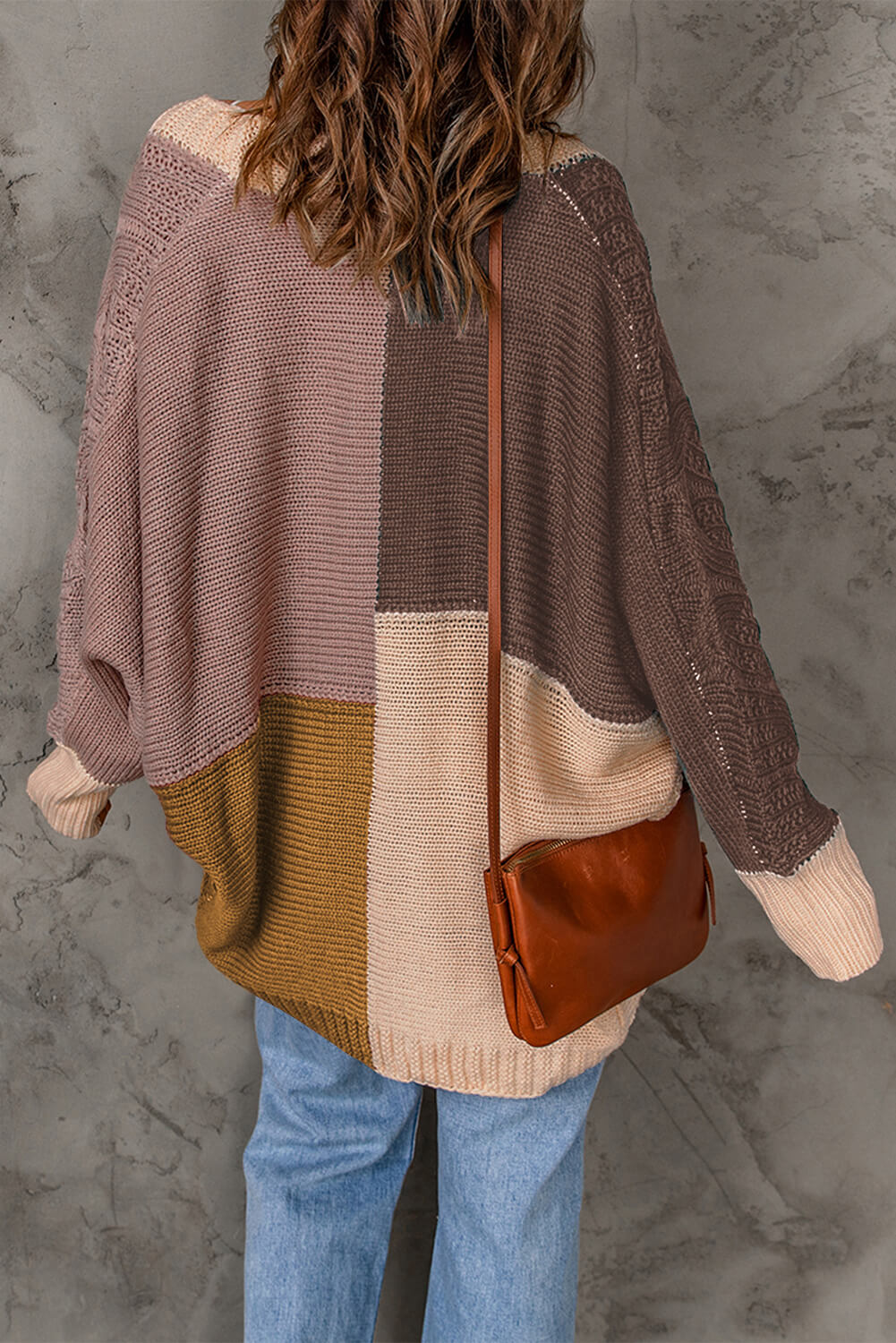 woven right color block cable-knit batwing sleeve cardigan