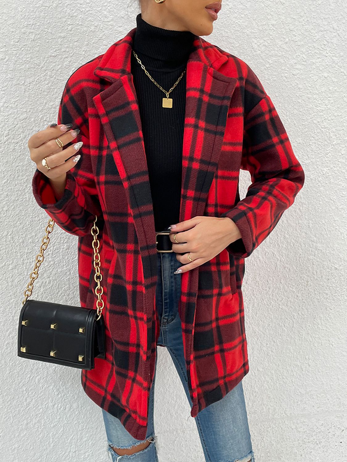 plaid lapel collar coat with pockets