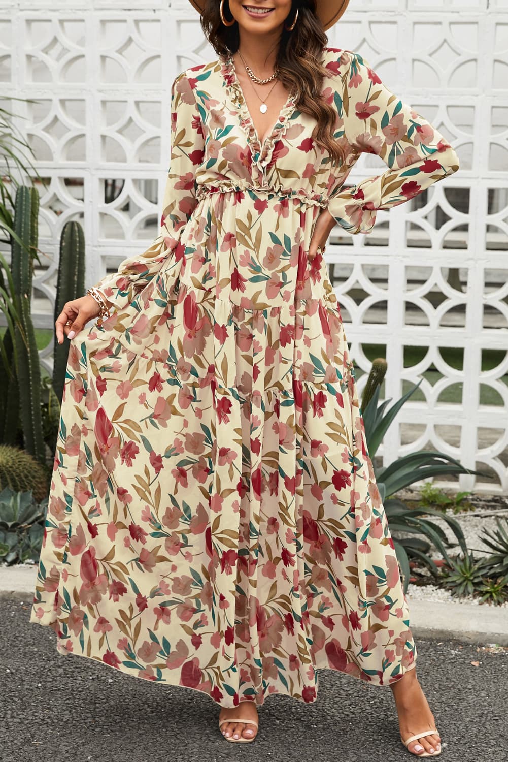 floral frill trim flounce sleeve plunge maxi dress