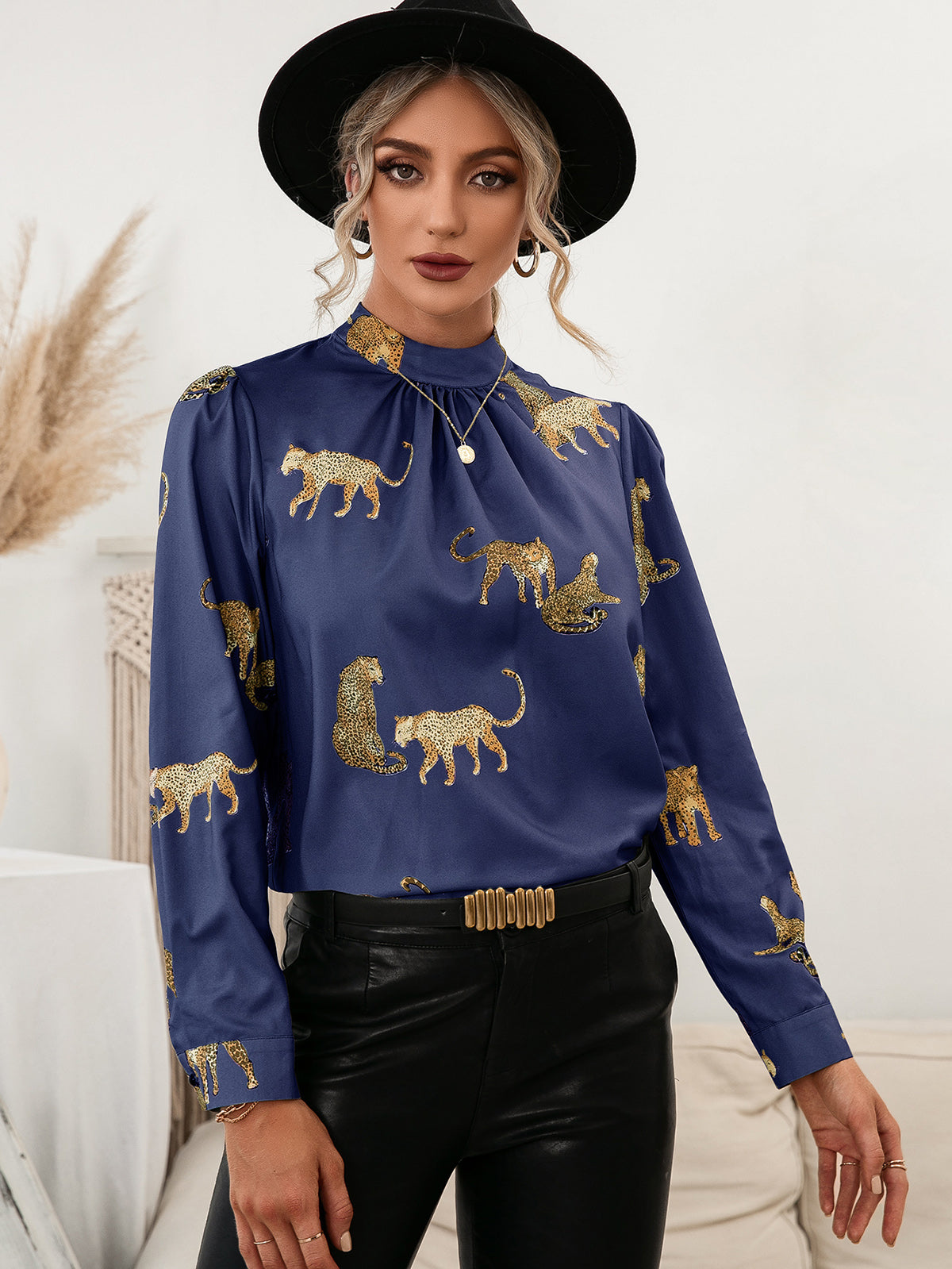 leopard graphic mock neck puff sleeve blouse