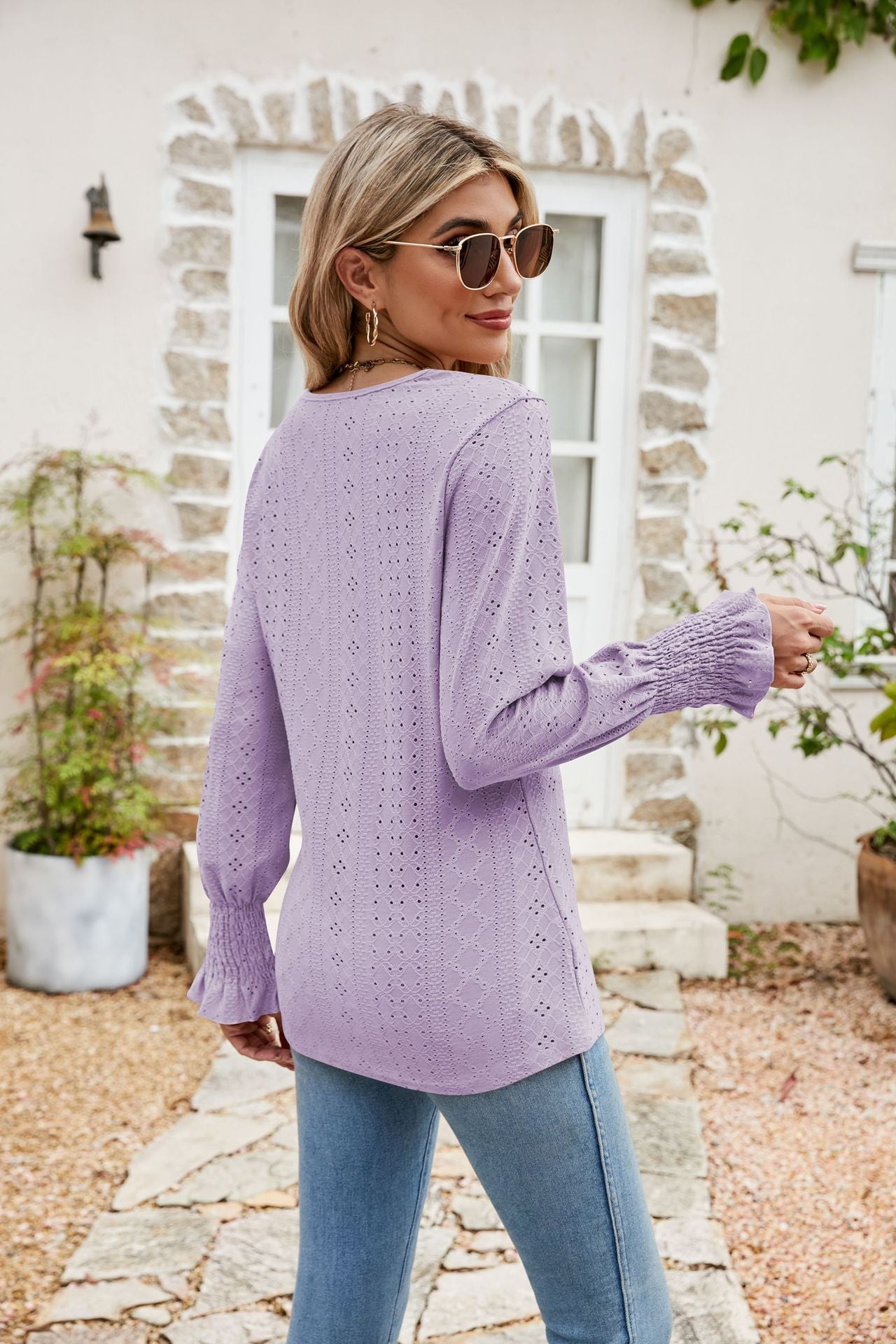 eyelet v-neck smocked flounce sleeve blouse