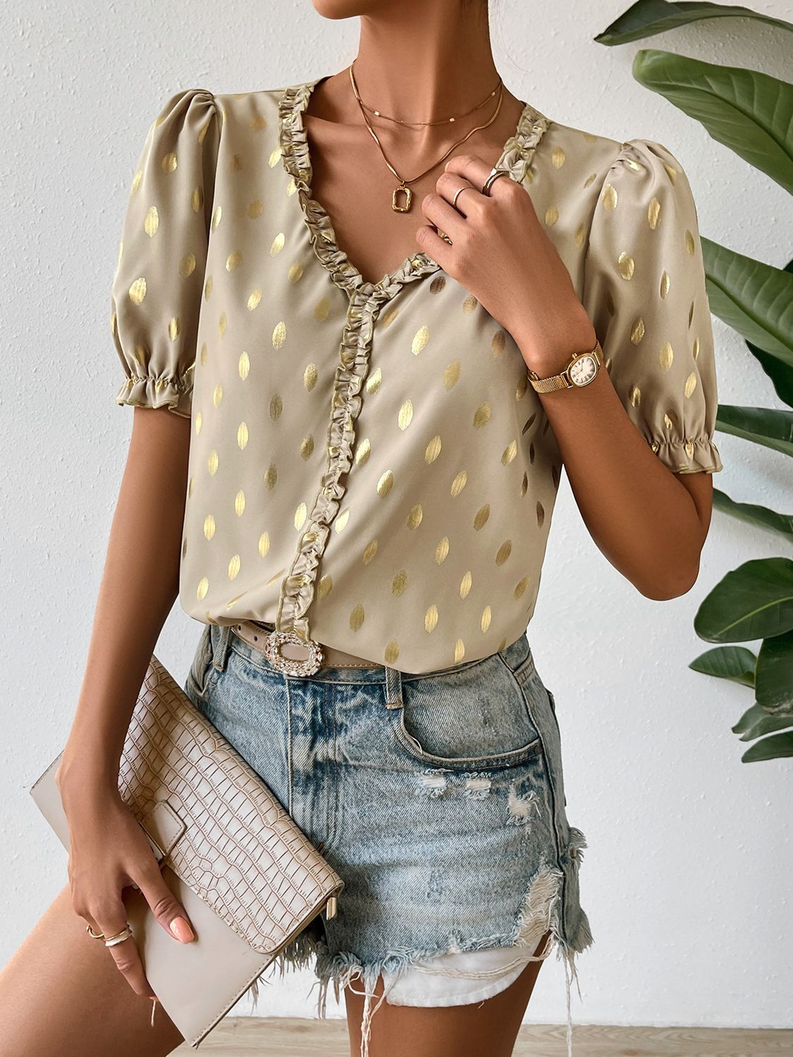 printed frill trim v-neck blouse