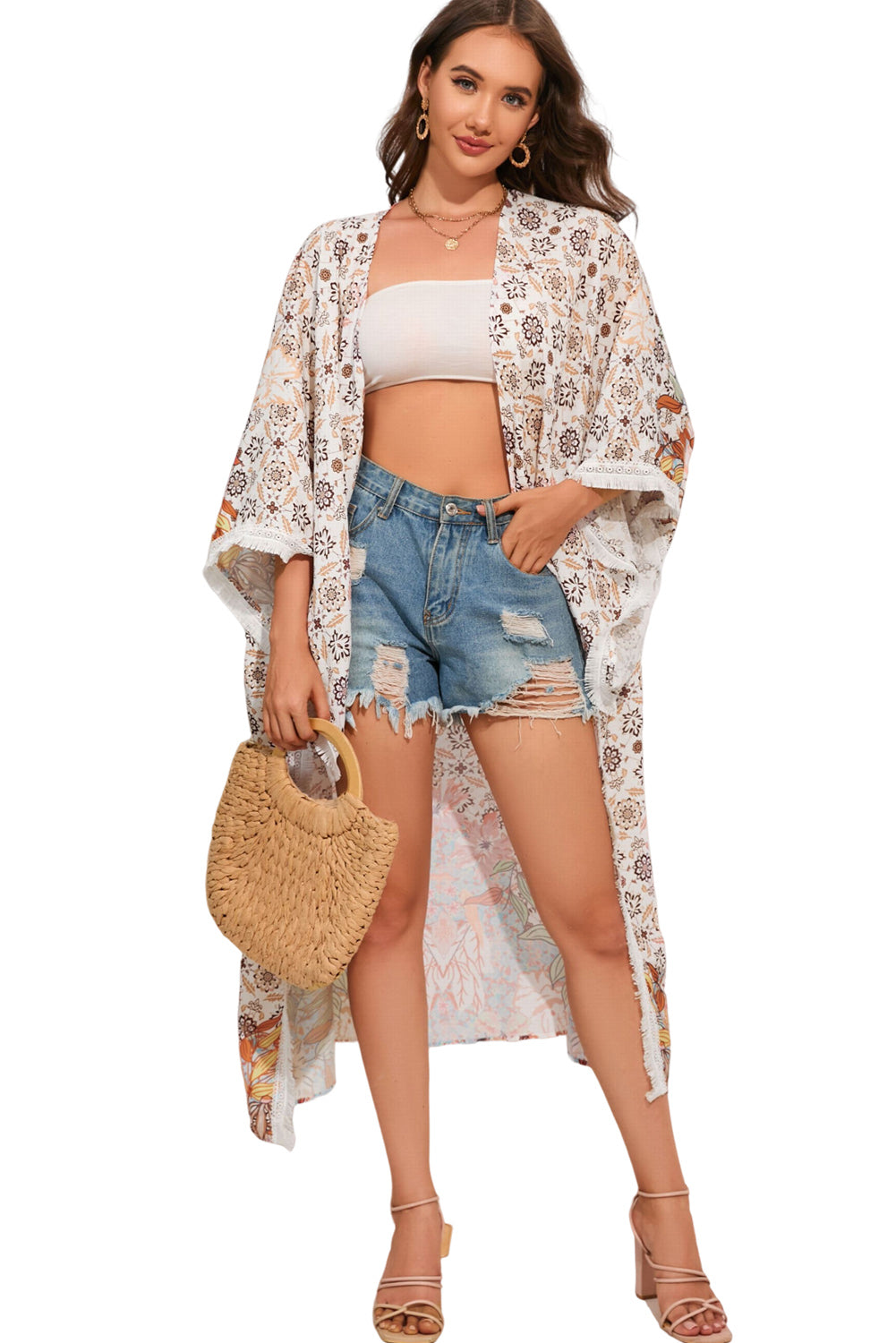 printed open front duster cardigan