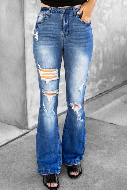 Baeful Distressed Flare Leg Jeans with Pockets