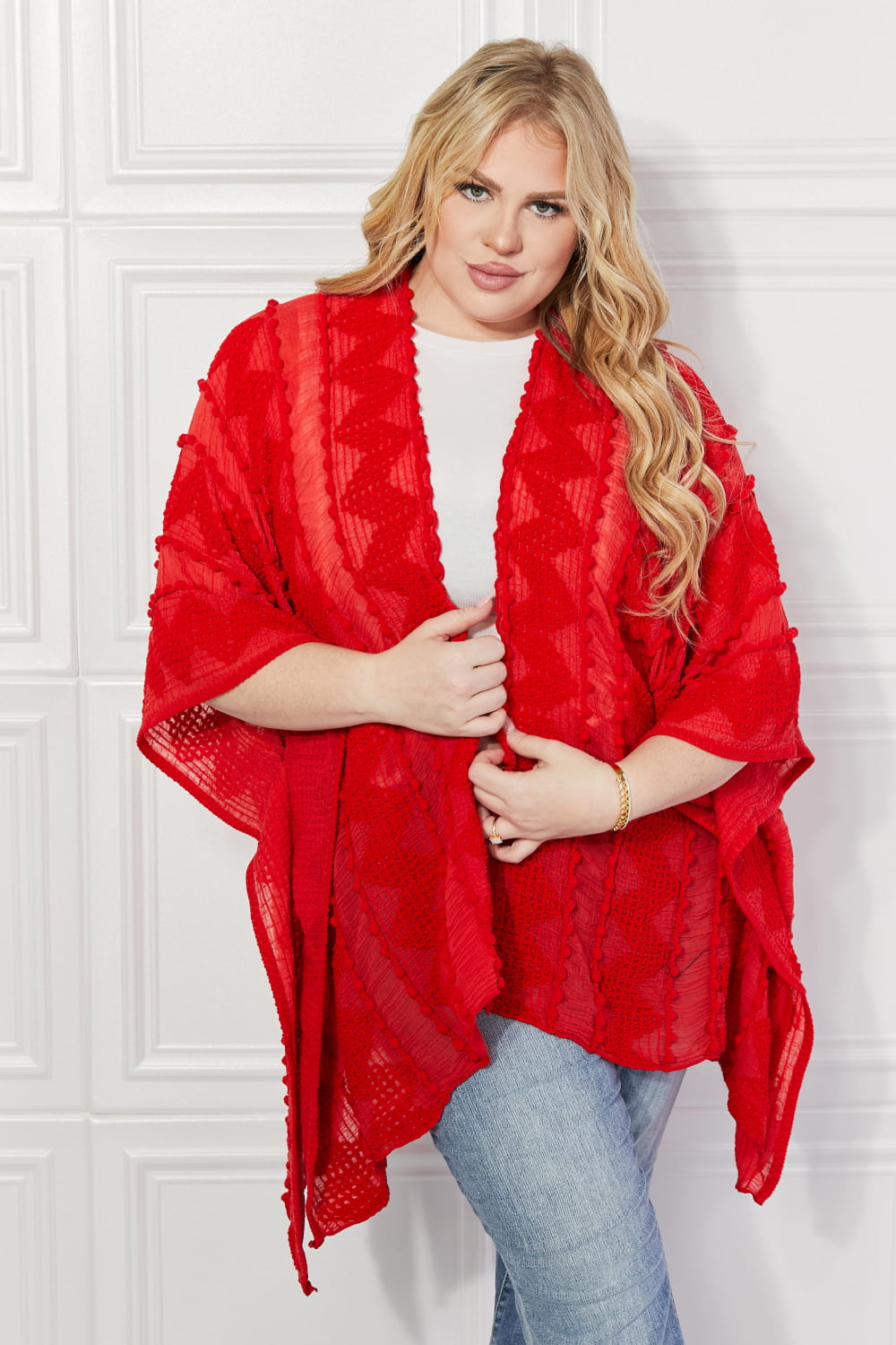 justin taylor pom-pom asymmetrical poncho cardigan in red