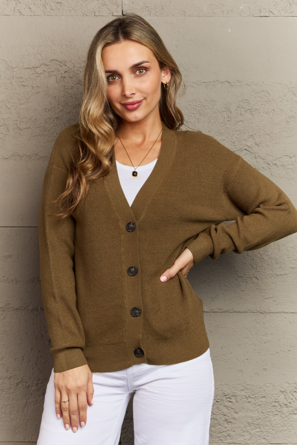 zenana kiss me tonight full size button down cardigan in olive