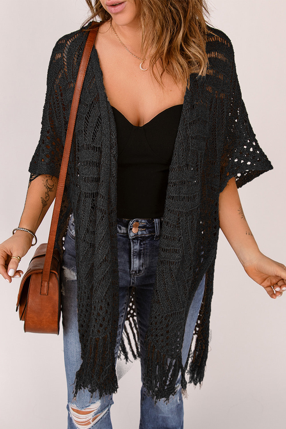 fringe hem slit open front cardigan